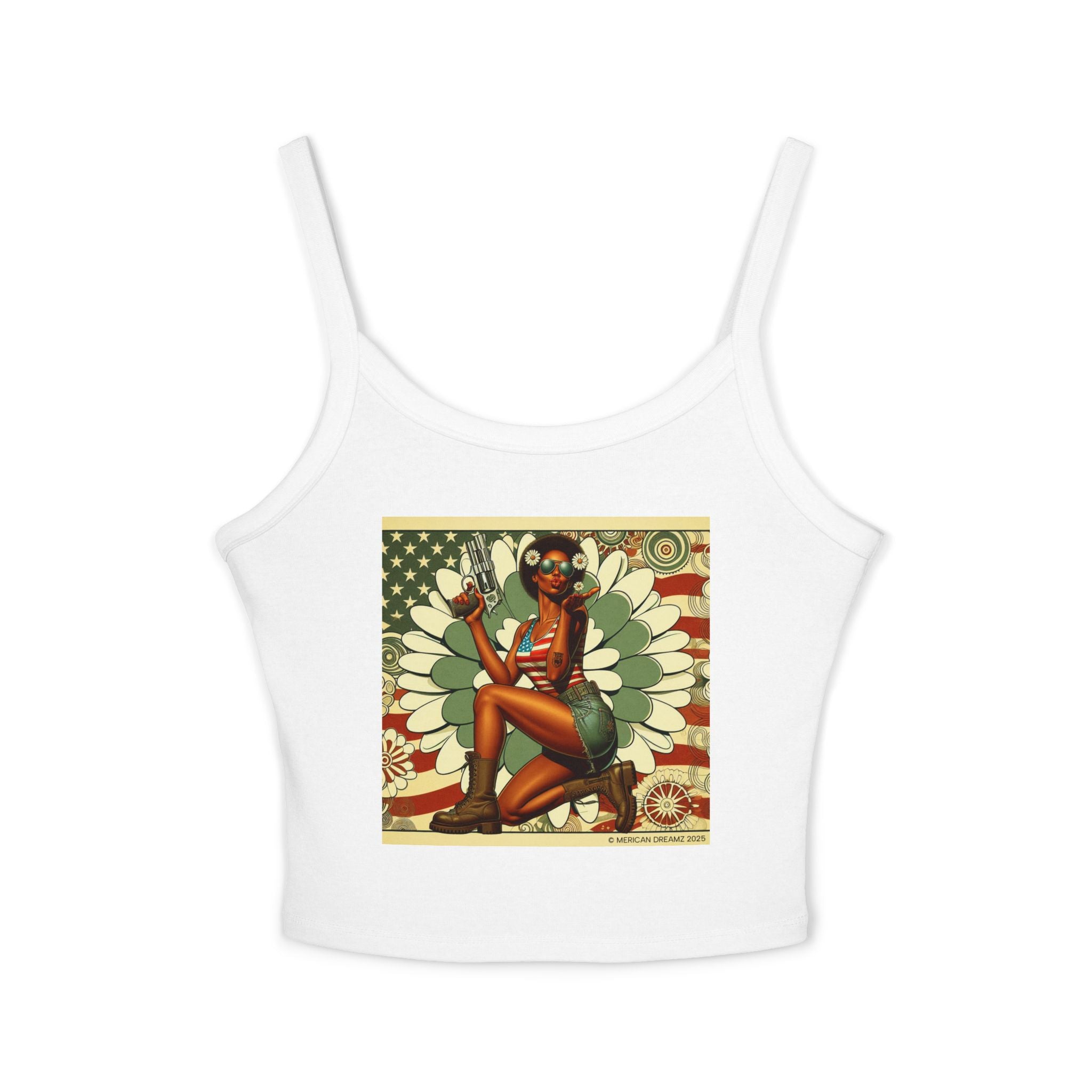 Retro Pinup Girl Tank Top — Vintage Flag & Floral Spaghetti Strap