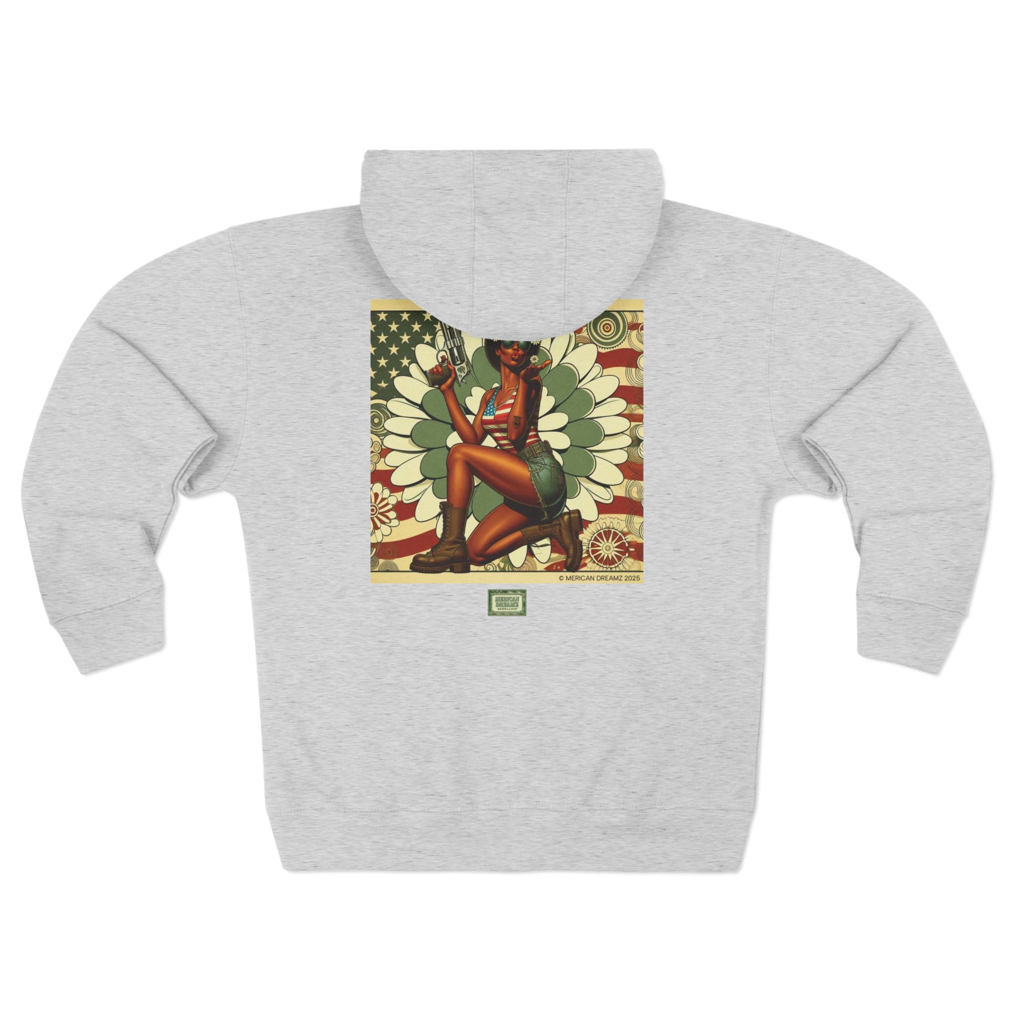 Americana Pinup Cowgirl with 44 Magnum Zip Hoodie — Retro Vintage Patriotic Graphic