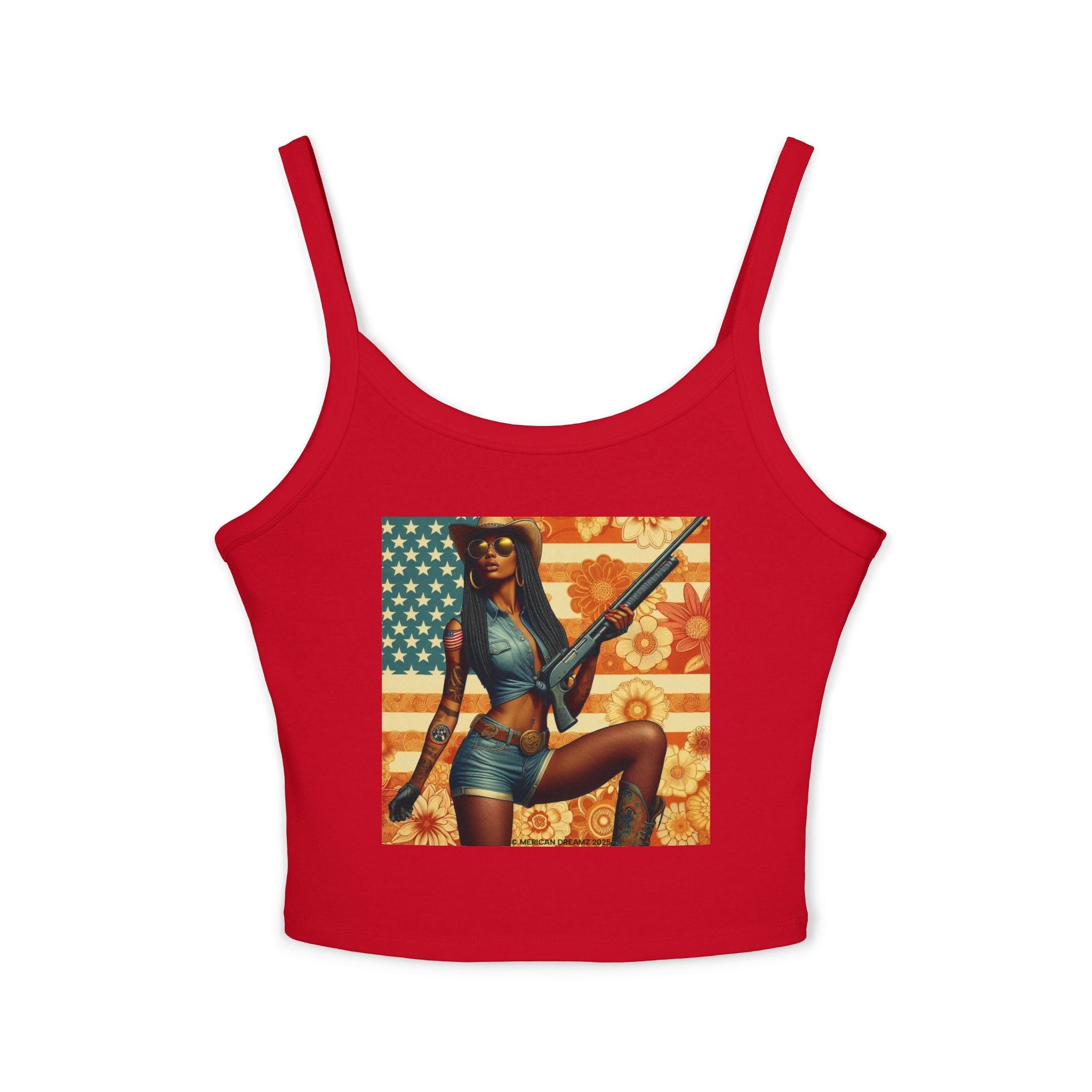 Retro Pinup Girl Tank Top — Vintage Flag & Floral Spaghetti Strap