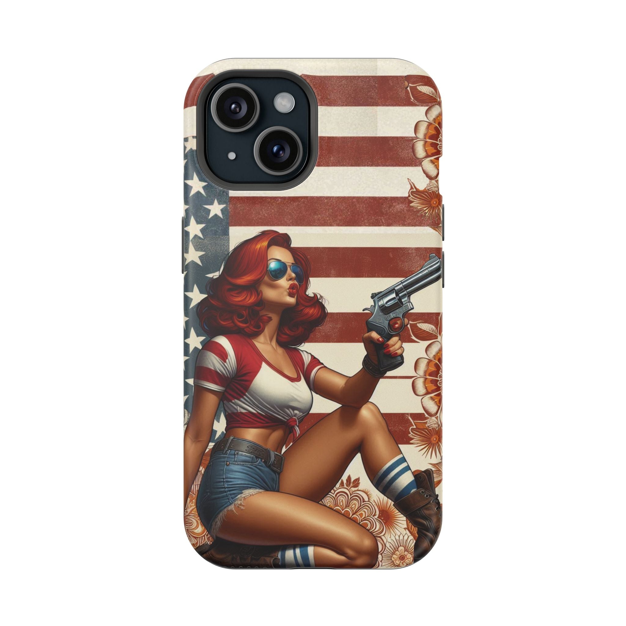 Americana .44 Magnum Pinup Girl - Magnetic Impact‑Resistant Phone Case  iPhone 13-17 / Samsung S26  MagSafe Compatible