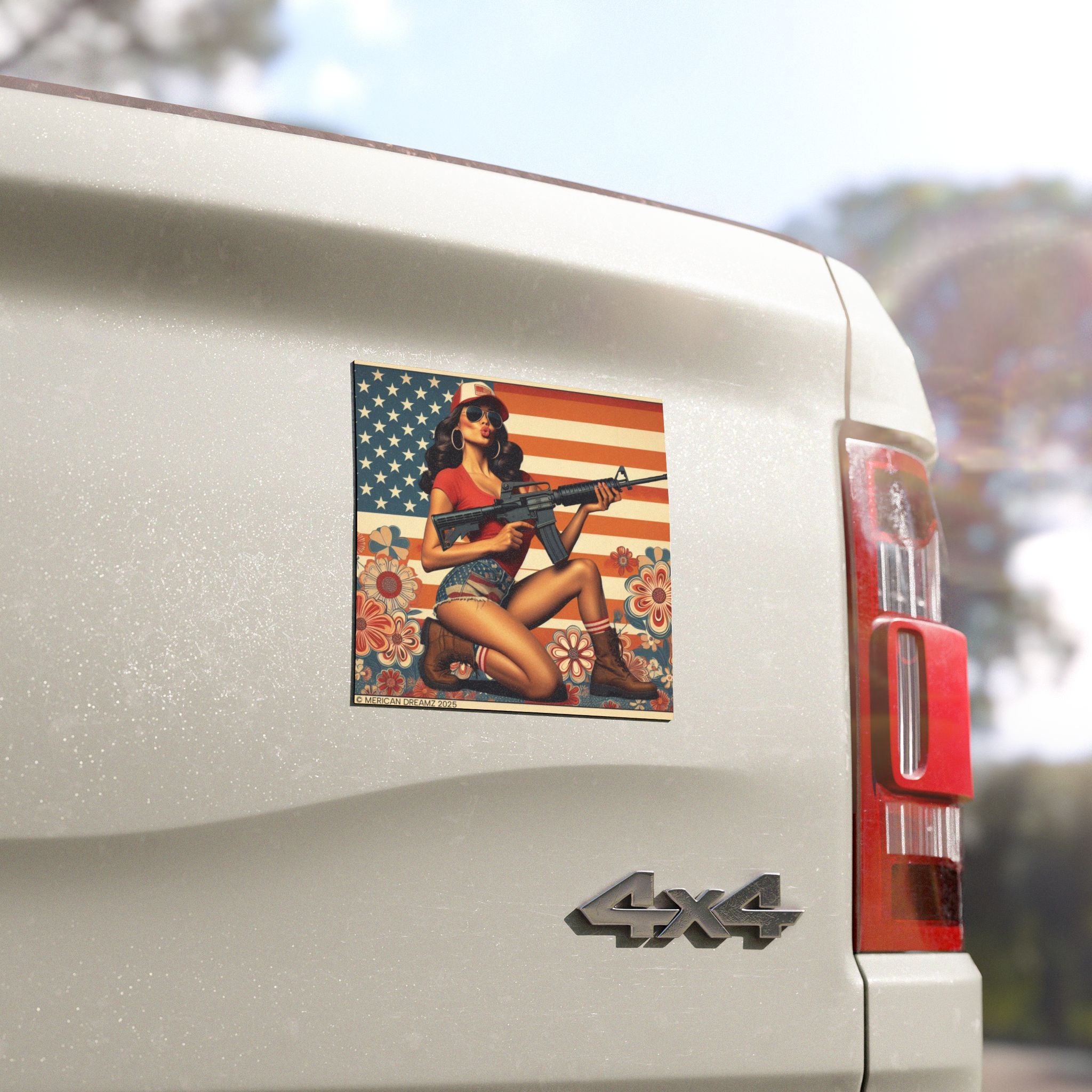 Car Magnet Patriotic Americana Cowgirl with Rifle | Square American Flag Vintage Floral