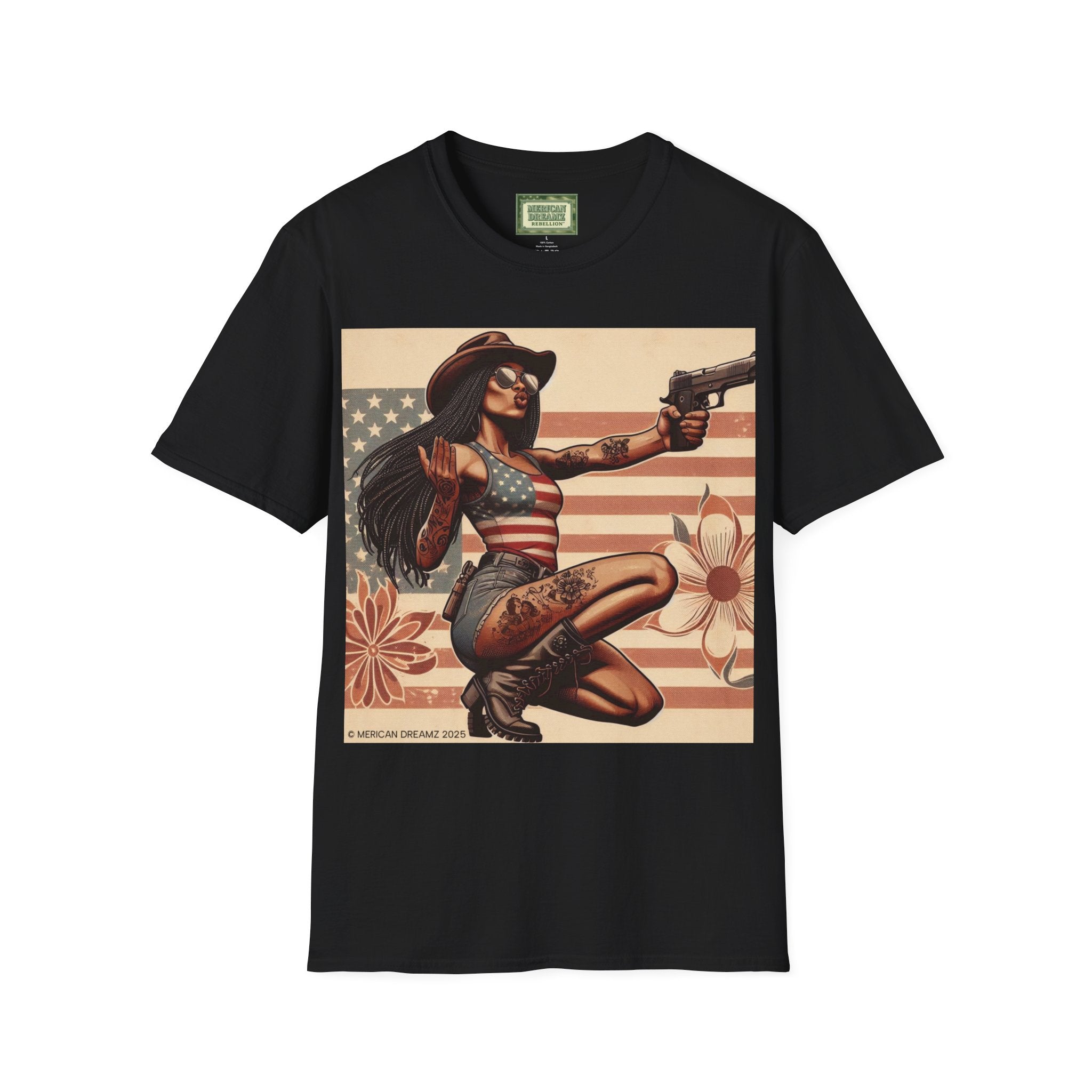 Pin-Up Americana T-Shirt — Retro Floral Gun Cowgirl Vintage Style (US Only)