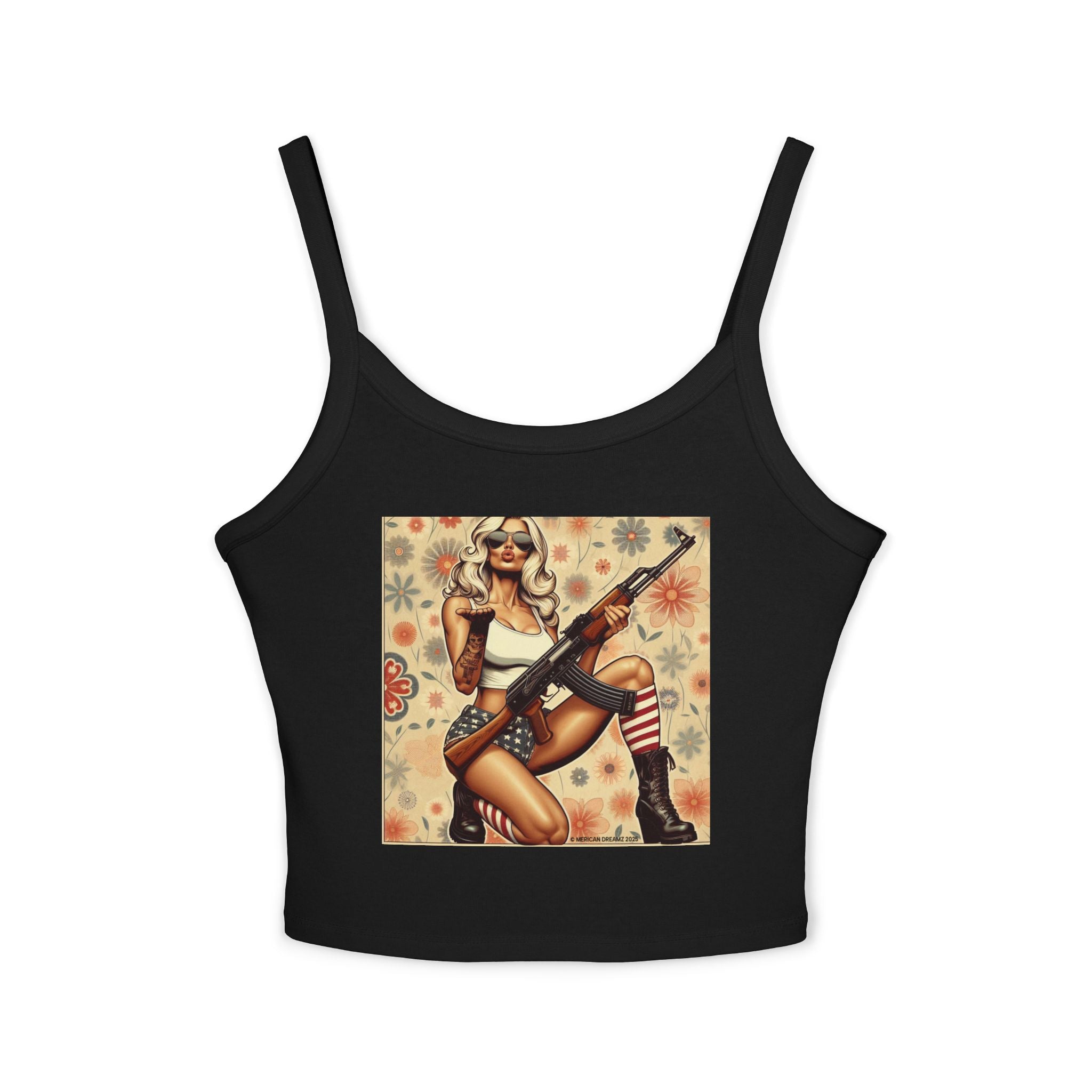Retro Pinup Girl Tank Top — Vintage Flag & Floral Spaghetti Strap