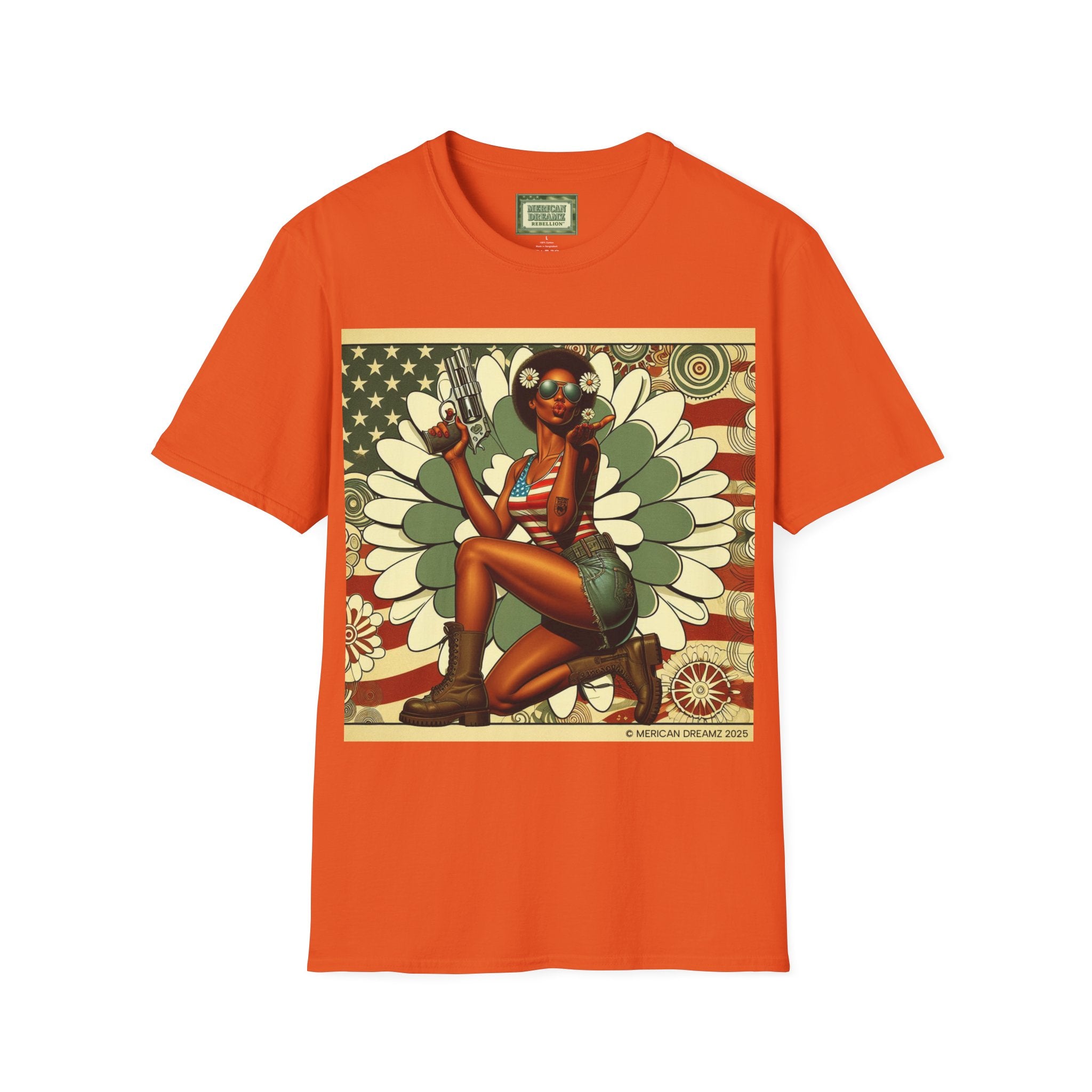 Graphic T-Shirt — Patriotic Pinup Girl with Pistol Vintage Flag Design (US Only)