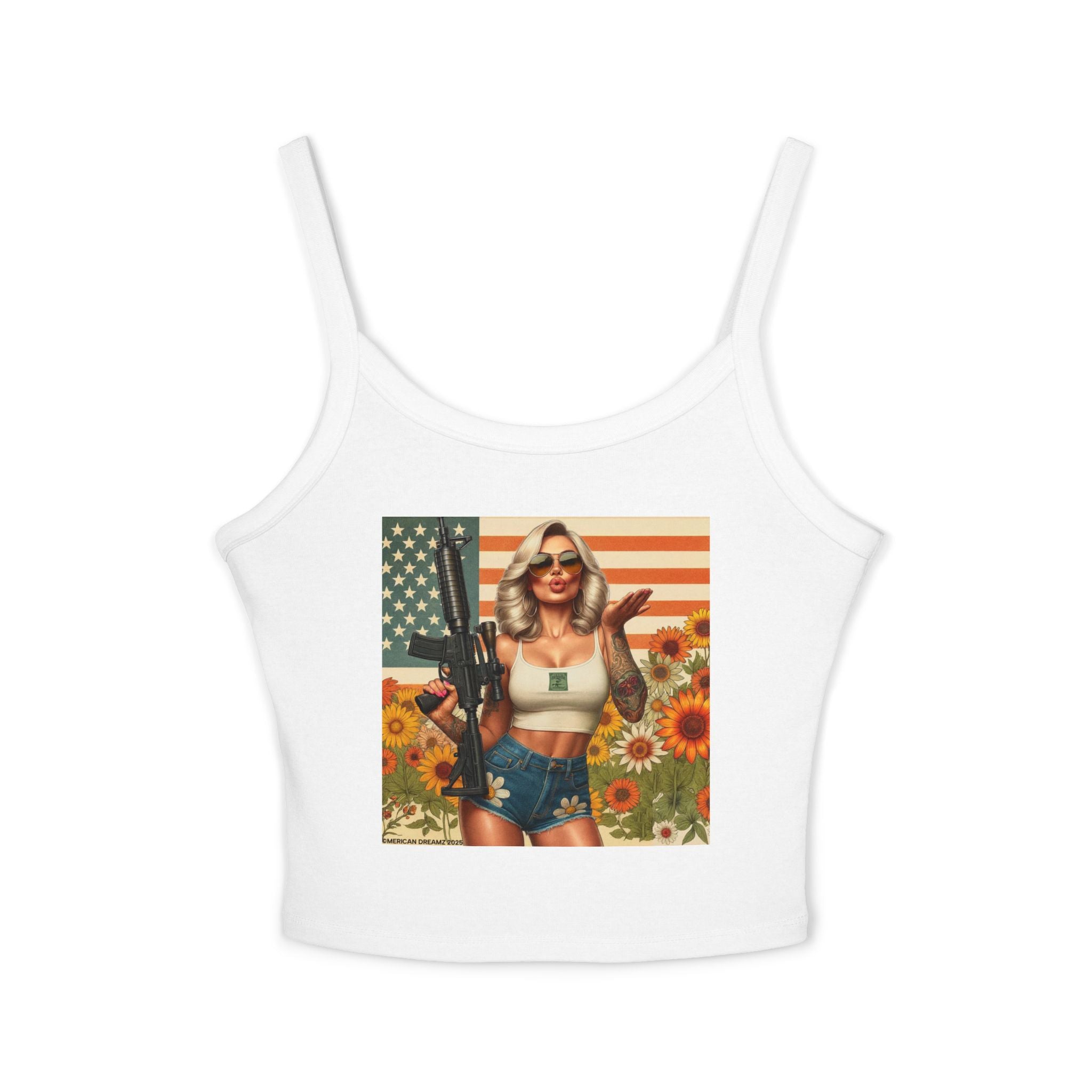Retro Pinup Girl Tank Top — Vintage Flag & Floral Spaghetti Strap
