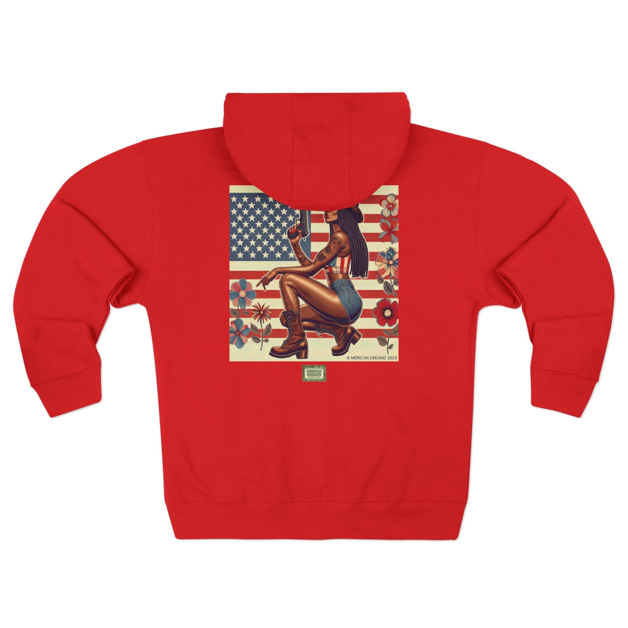 Americana Pinup Cowgirl with 9mm Zip Hoodie — Retro Vintage Patriotic Graphic