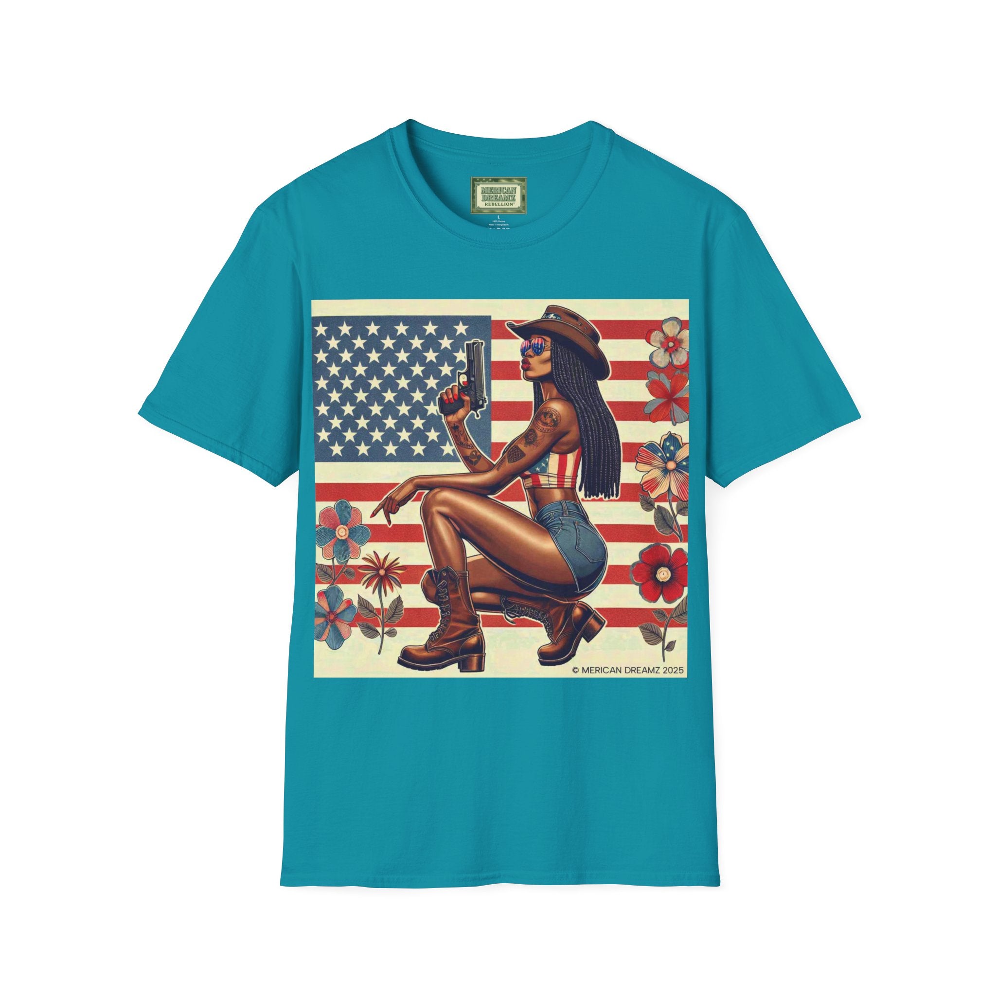 Pin-Up Americana T-Shirt — Retro Floral Gun Cowgirl Vintage Style (US Only)