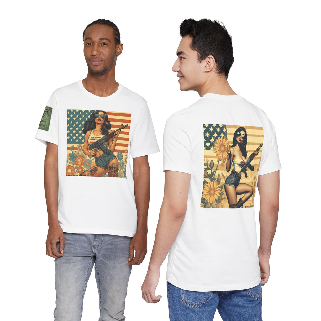 Graphic Short Sleeve Tee front and back — Retro Americana Pin-Up Girls with AK-47 Rifles
