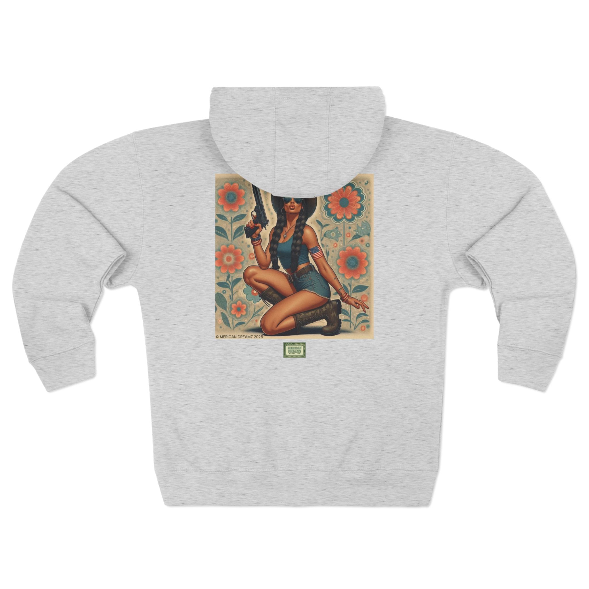 Americana Pinup Cowgirl with 9mm Zip Hoodie — Retro Vintage Patriotic Graphic
