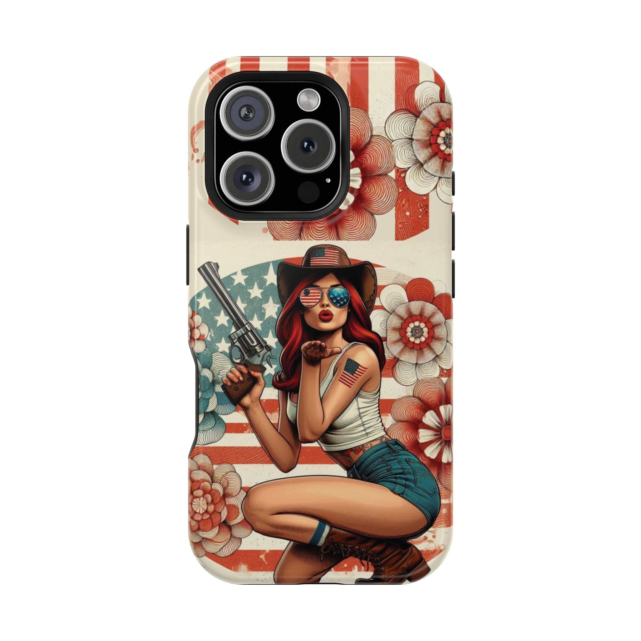Americana .44 Magnum Pinup Girl - Magnetic Impact‑Resistant Phone Case  iPhone 13-17 / Samsung S26  MagSafe Compatible