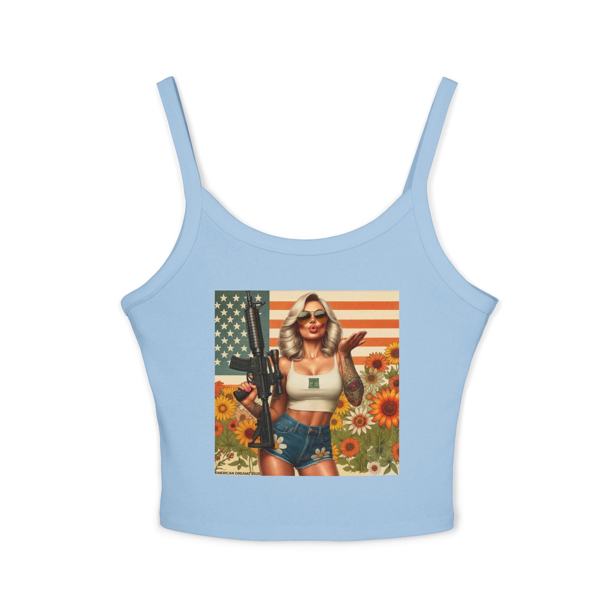 Retro Pinup Girl Tank Top — Vintage Flag & Floral Spaghetti Strap