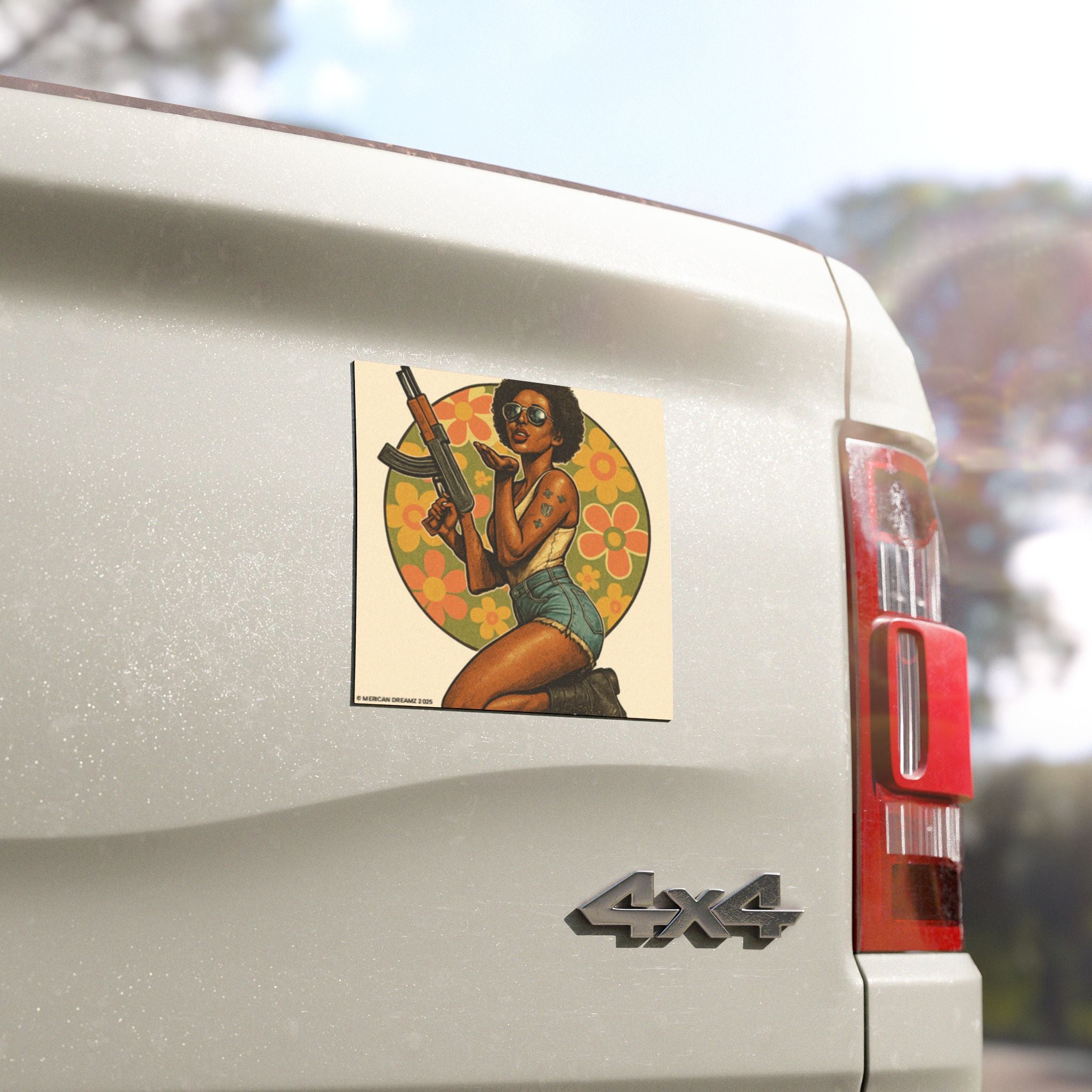 Car Magnet Patriotic Americana Cowgirl with Rifle | Square American Flag Vintage Floral