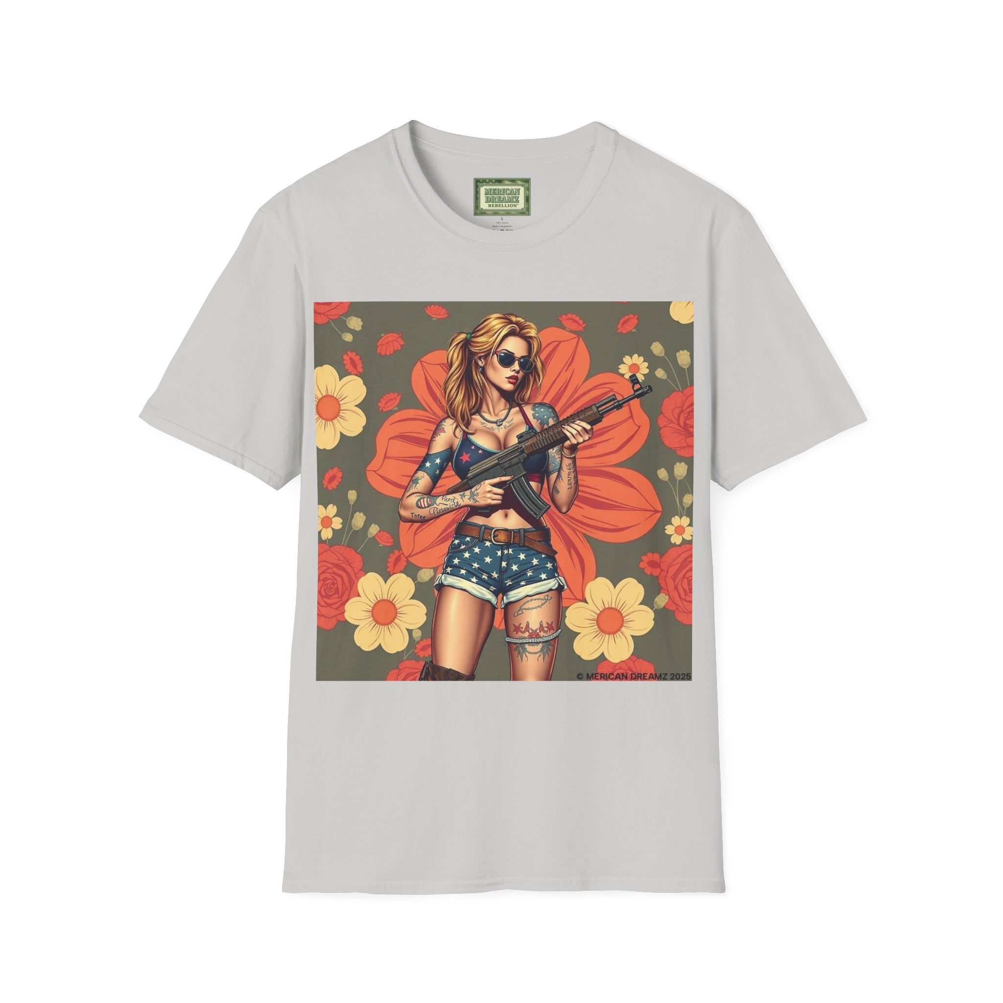 Graphic T-Shirt — Patriotic Pinup Girl with Rifle Vintage Flag Design (US Only)