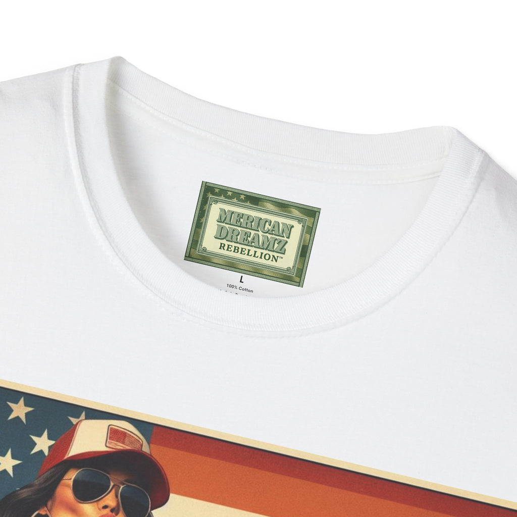 Graphic T-Shirt — Patriotic Pinup Girl with Rifle Vintage Flag Design (US Only)
