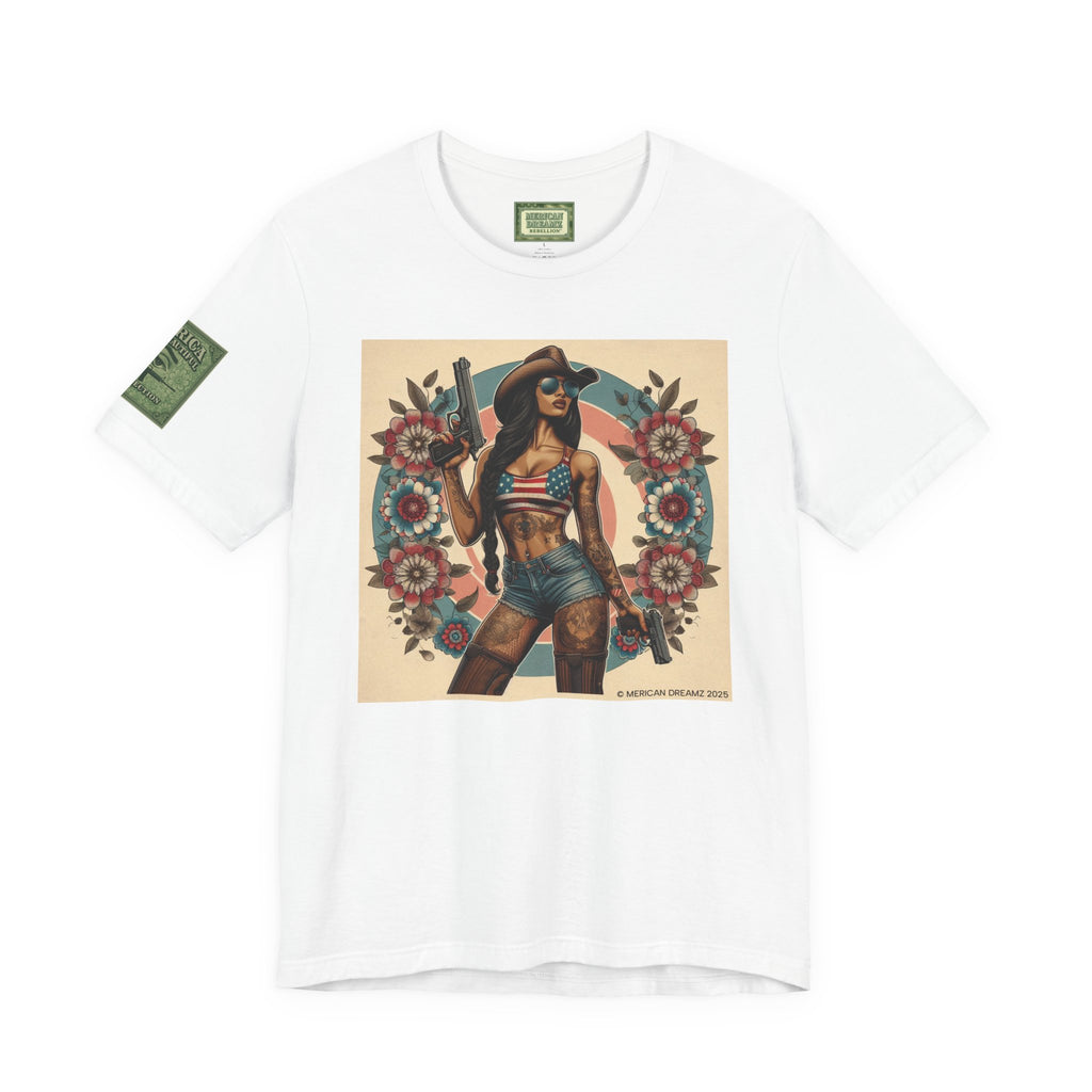 Graphic Short Sleeve Tee front and back — Retro Americana Pin-Up Cowgirls with 9mm Pistols