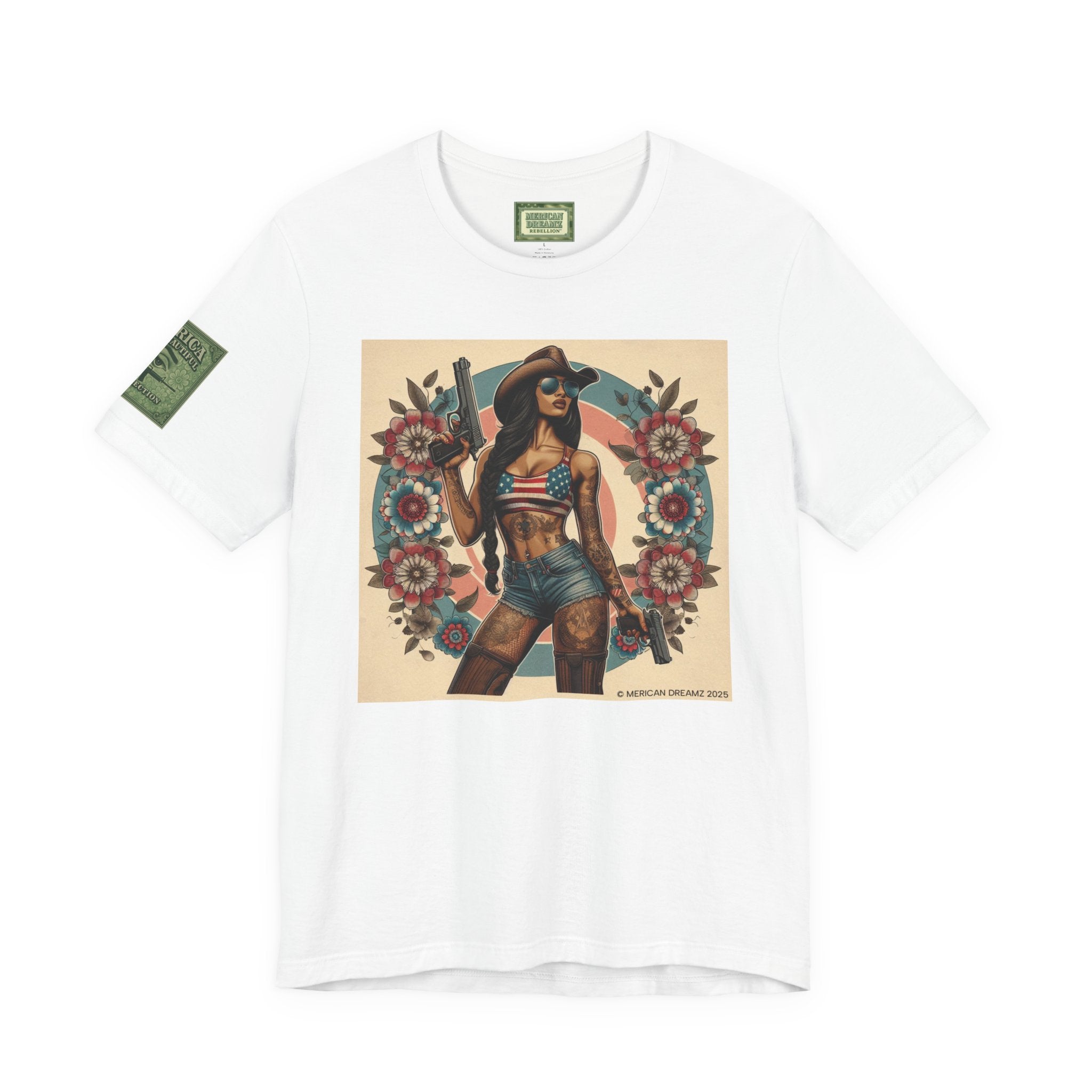 Graphic Short Sleeve Tee front and back — Retro Americana Pin-Up Cowgirls with 9mm Pistols