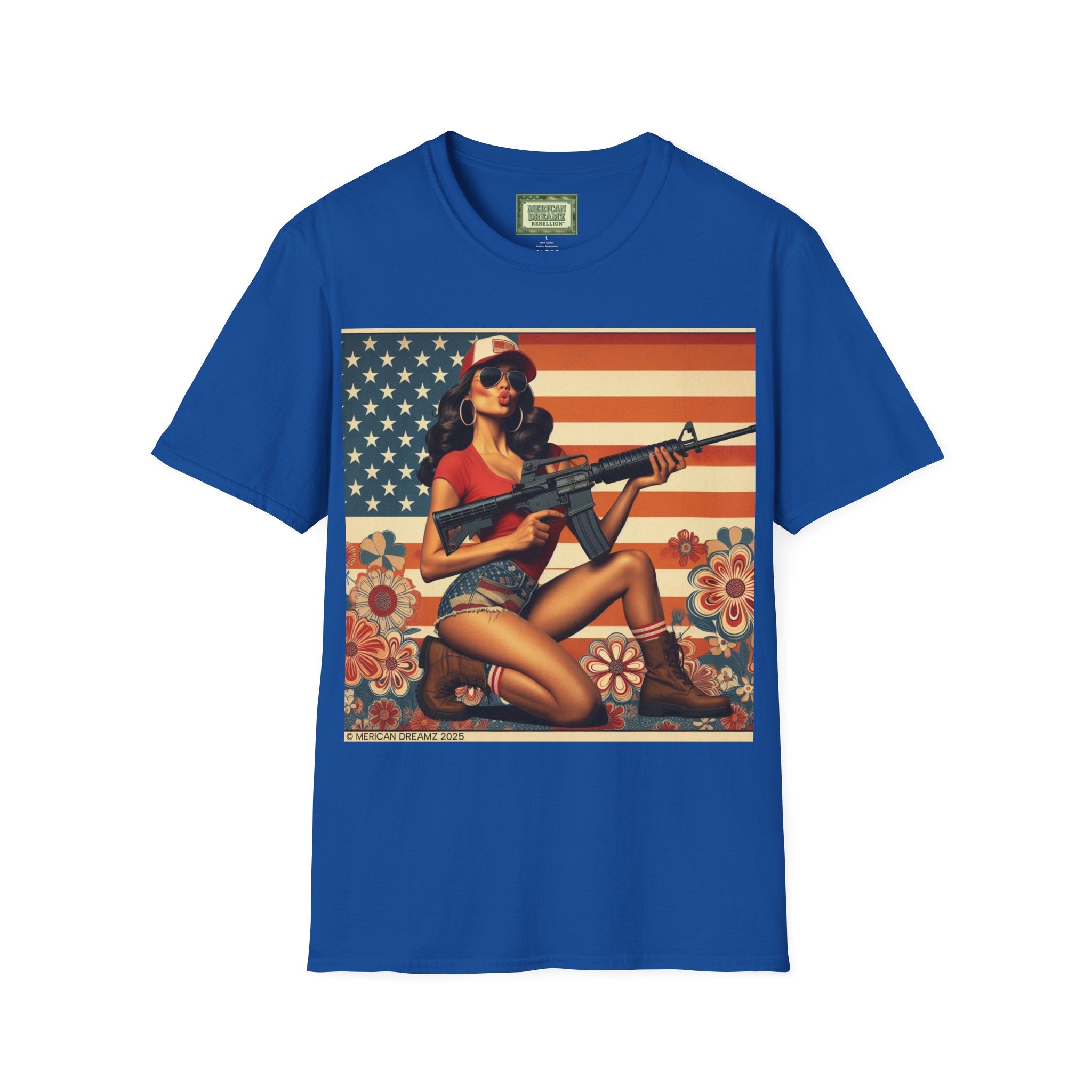 Graphic T-Shirt — Patriotic Pinup Girl with Rifle Vintage Flag Design (US Only)