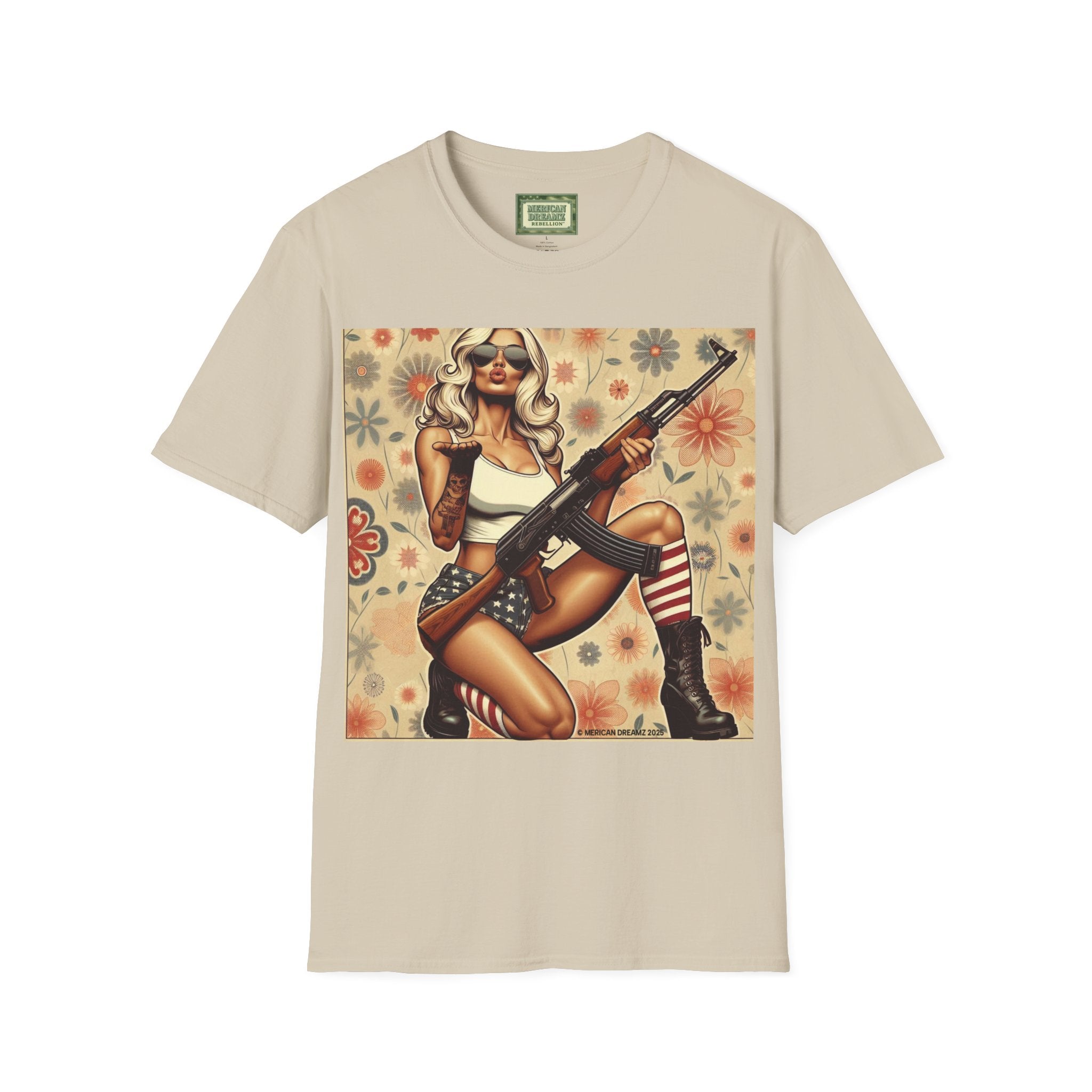Graphic T-Shirt — Patriotic Pinup Girl with Rifle Vintage Flag Design (US Only)