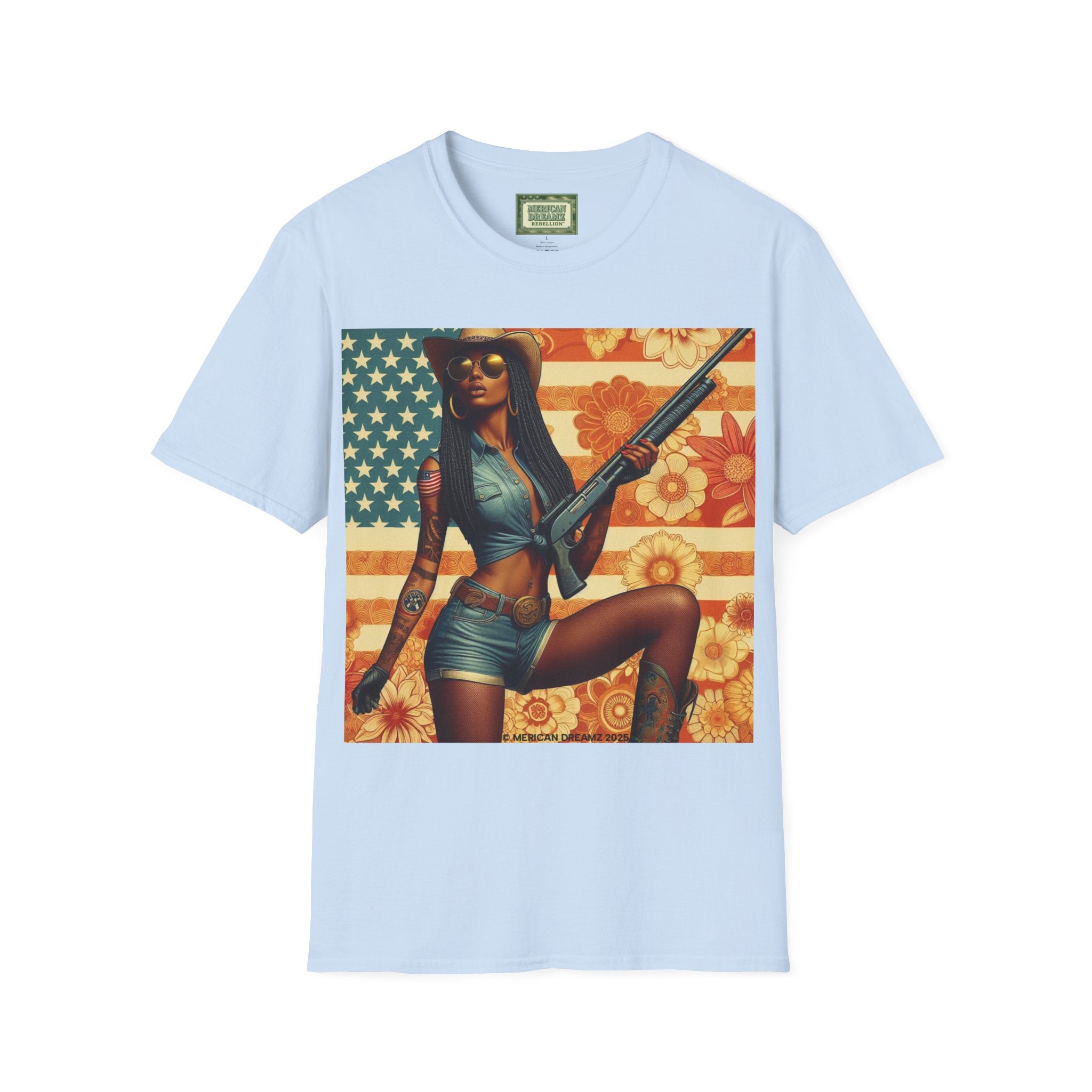 Pin-Up Americana T-Shirt — Retro Floral Gun Cowgirl Vintage Style (US Only)