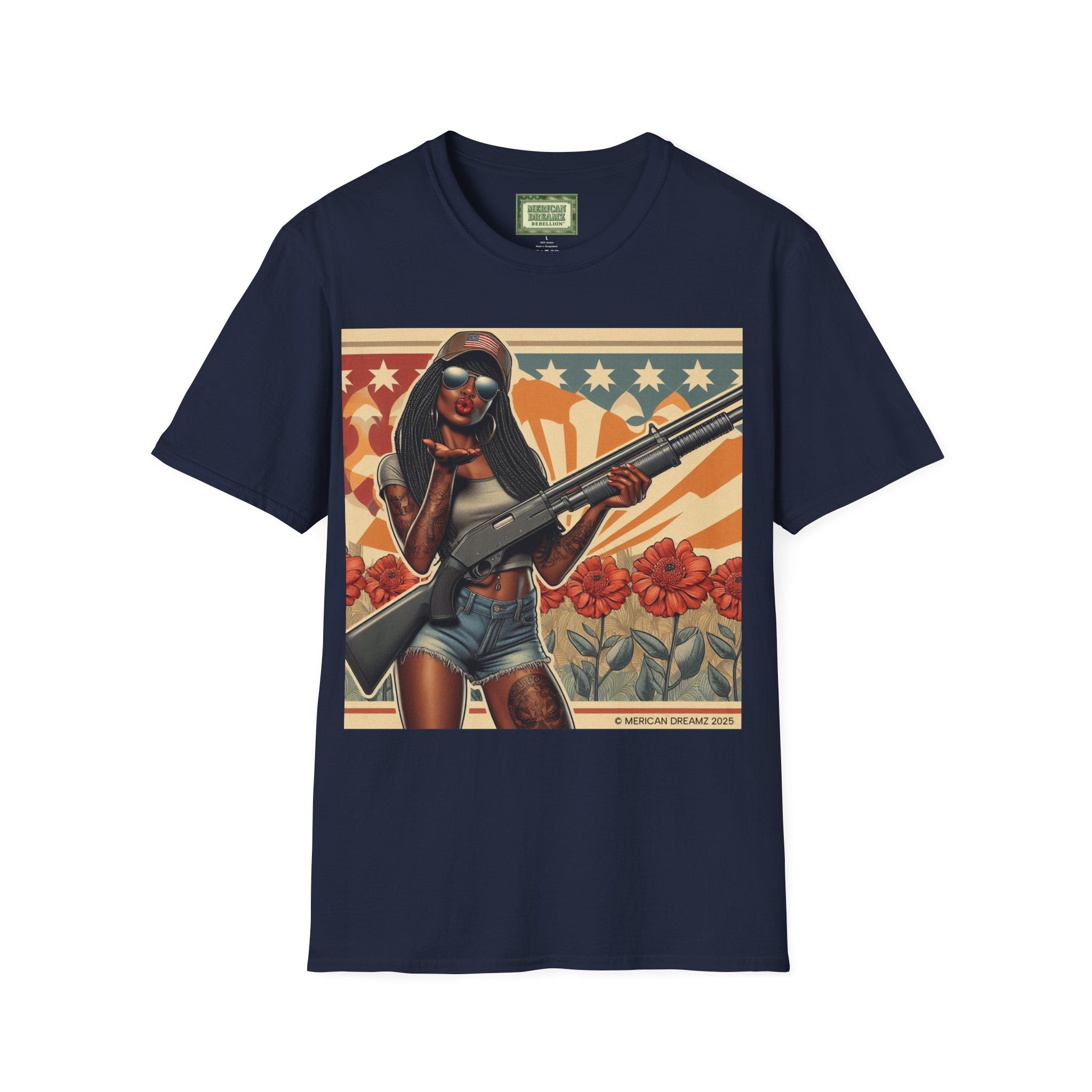 Graphic T-Shirt — Patriotic Pinup Girl with Shotgun Vintage Flag Design (US Only)