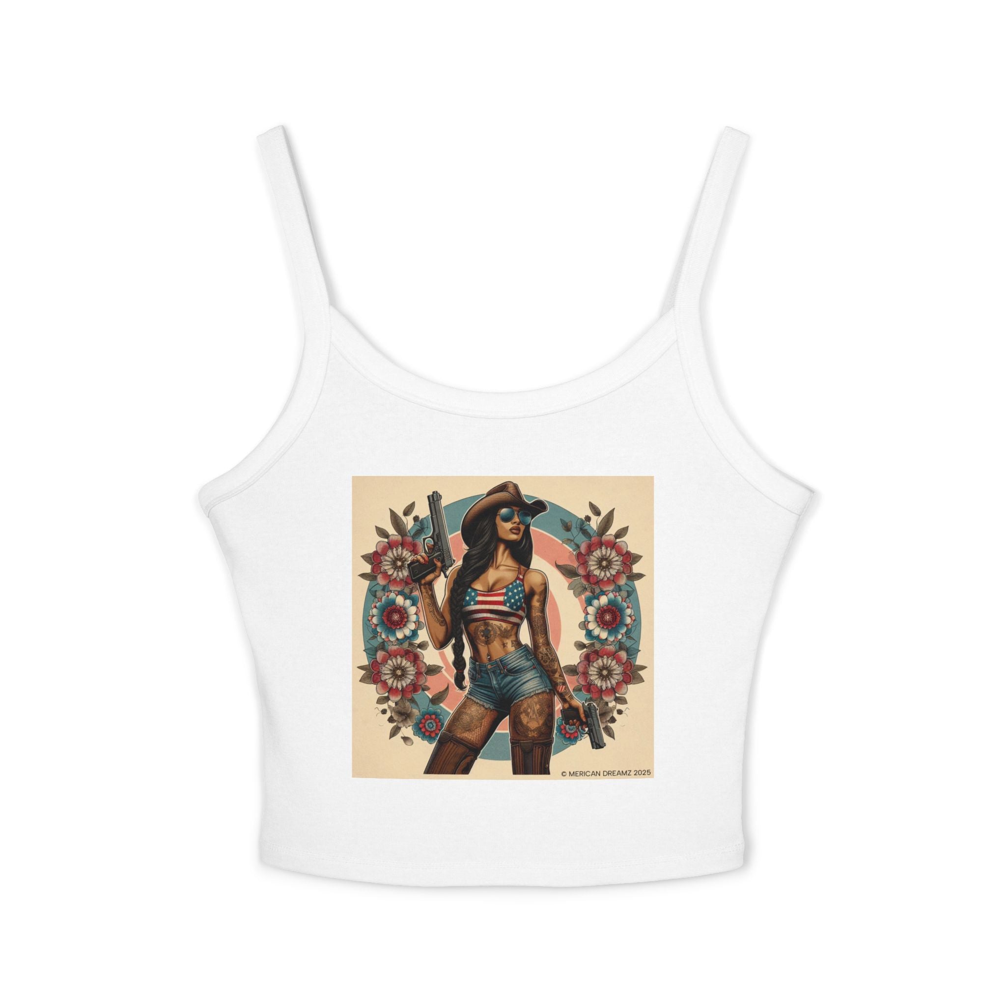 Retro Pinup Girl Tank Top — Vintage Flag & Floral Spaghetti Strap