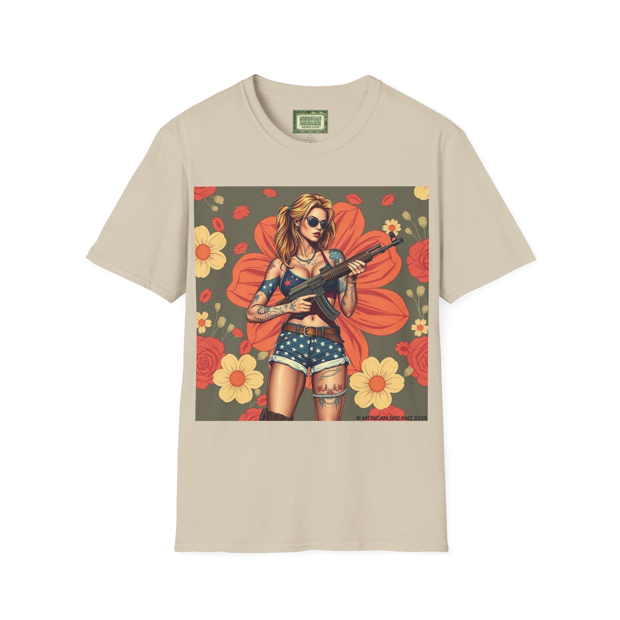Graphic T-Shirt — Patriotic Pinup Girl with Rifle Vintage Flag Design (US Only)
