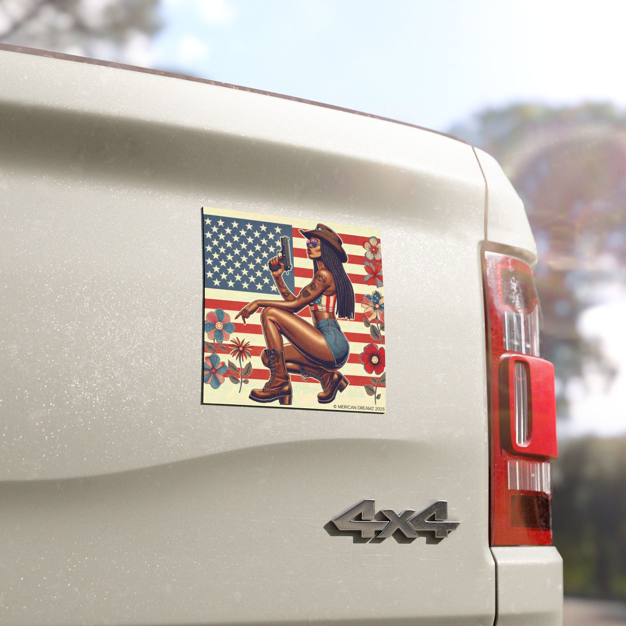 Car Magnet Patriotic Americana Cowgirl with Pistol | Square American Flag Vintage Floral