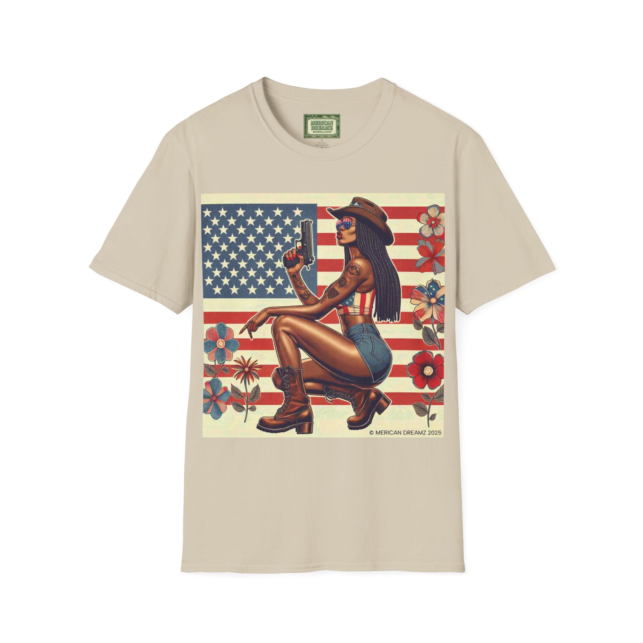 Pin-Up Americana T-Shirt — Retro Floral Gun Cowgirl Vintage Style (US Only)