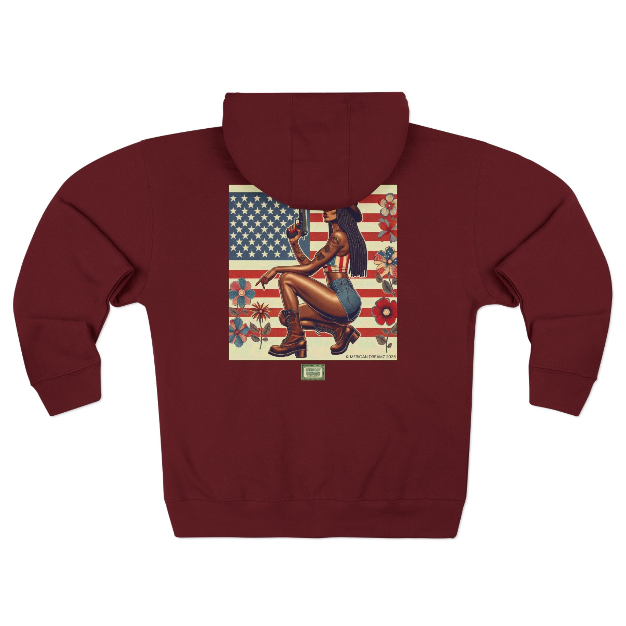 Americana Pinup Cowgirl with 9mm Zip Hoodie — Retro Vintage Patriotic Graphic