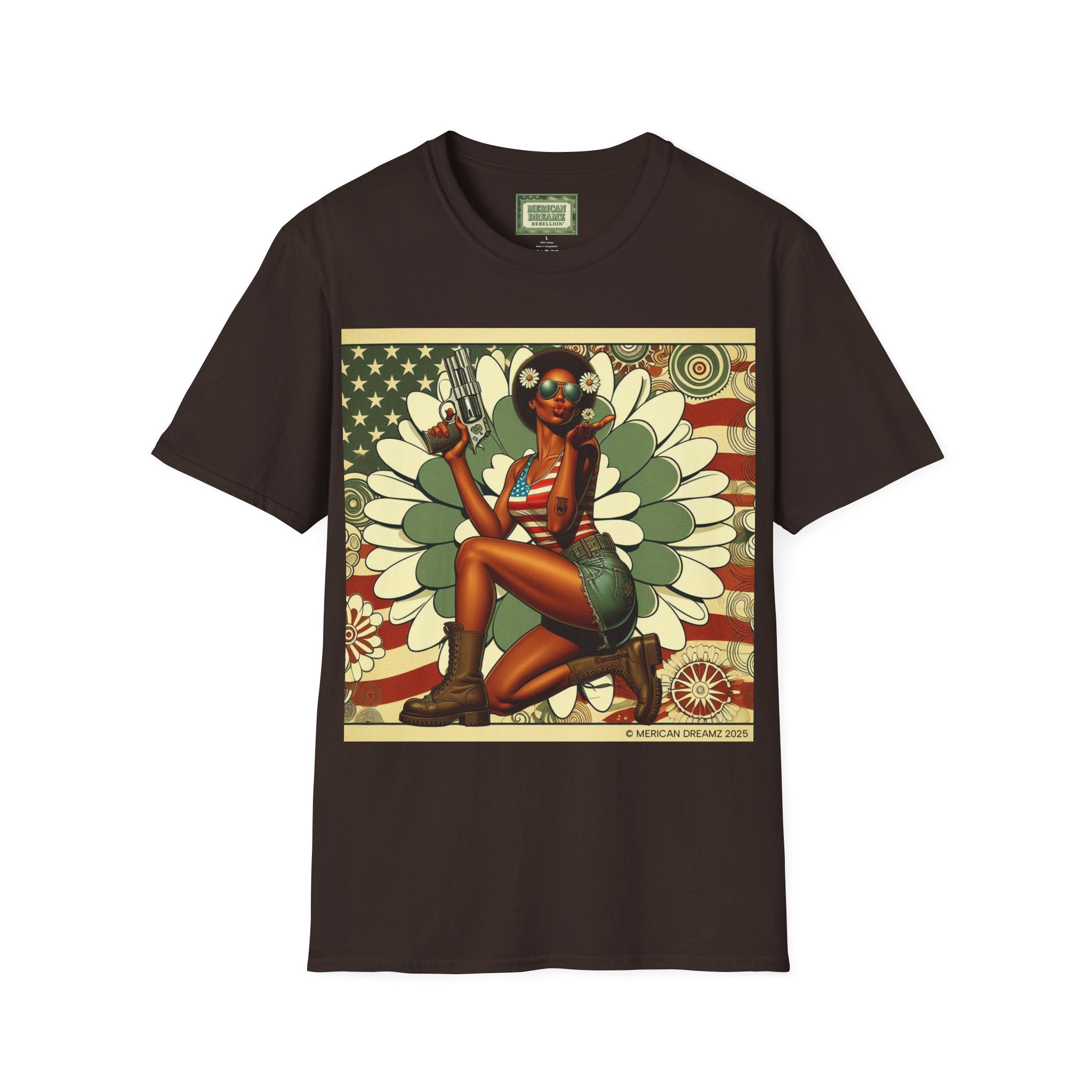 Graphic T-Shirt — Patriotic Pinup Girl with Pistol Vintage Flag Design (US Only)