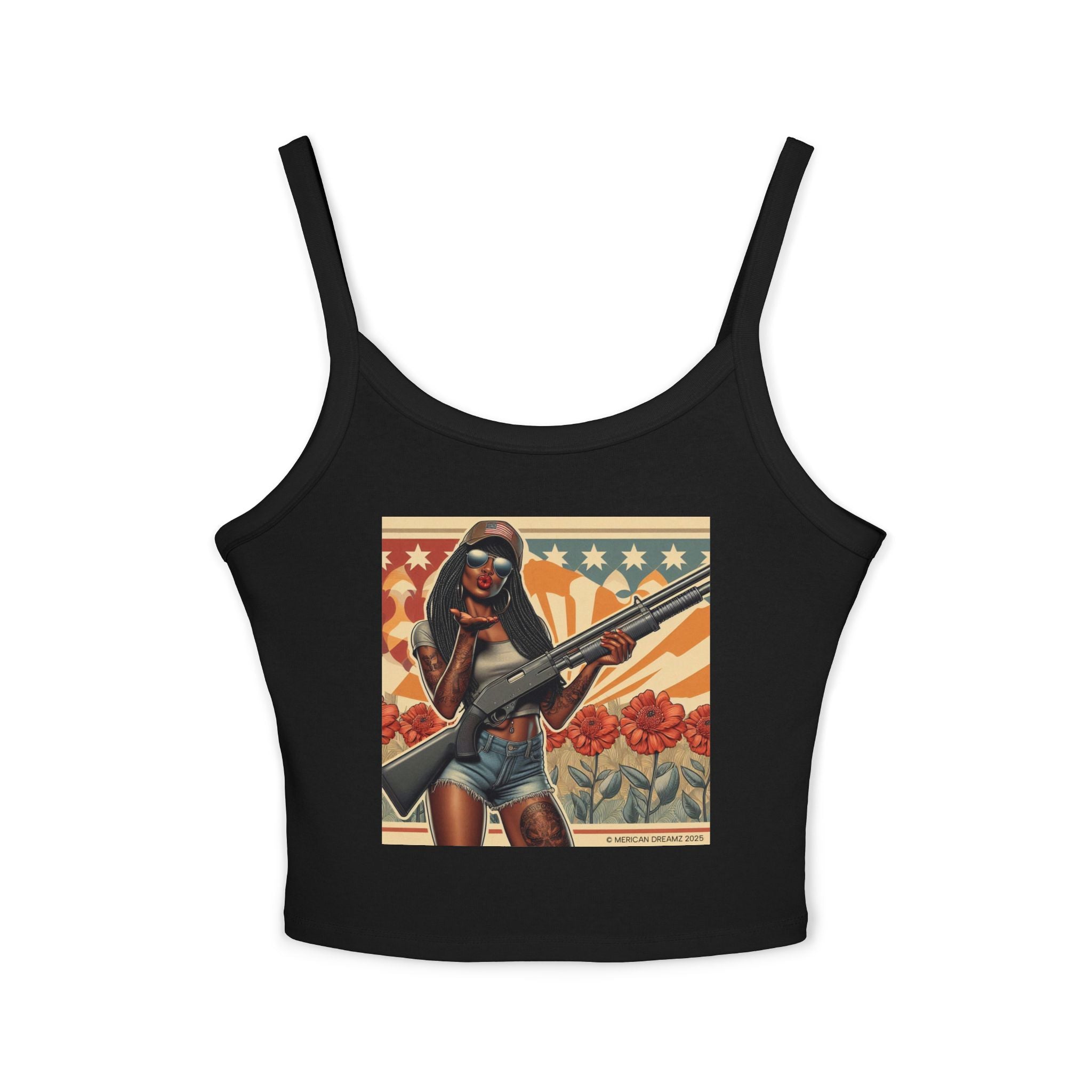 Retro Pinup Girl Tank Top — Vintage Flag & Floral Spaghetti Strap
