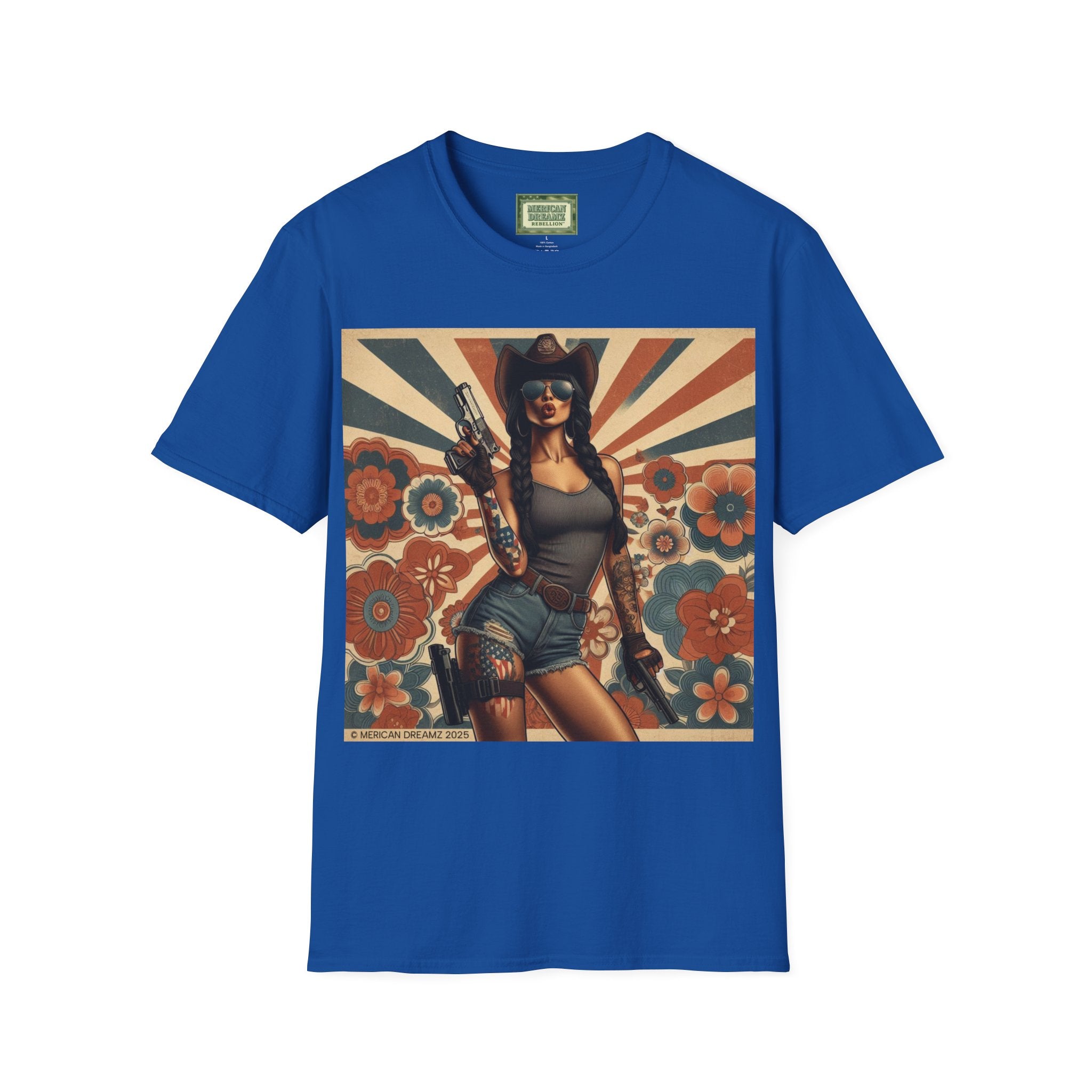 Pin-Up Americana T-Shirt — Retro Floral Gun Cowgirl Vintage Style (US Only)