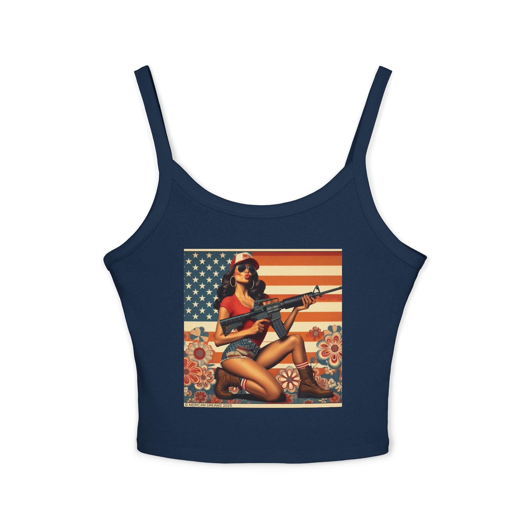Retro Pinup Girl Tank Top — Vintage Flag & Floral Spaghetti Strap