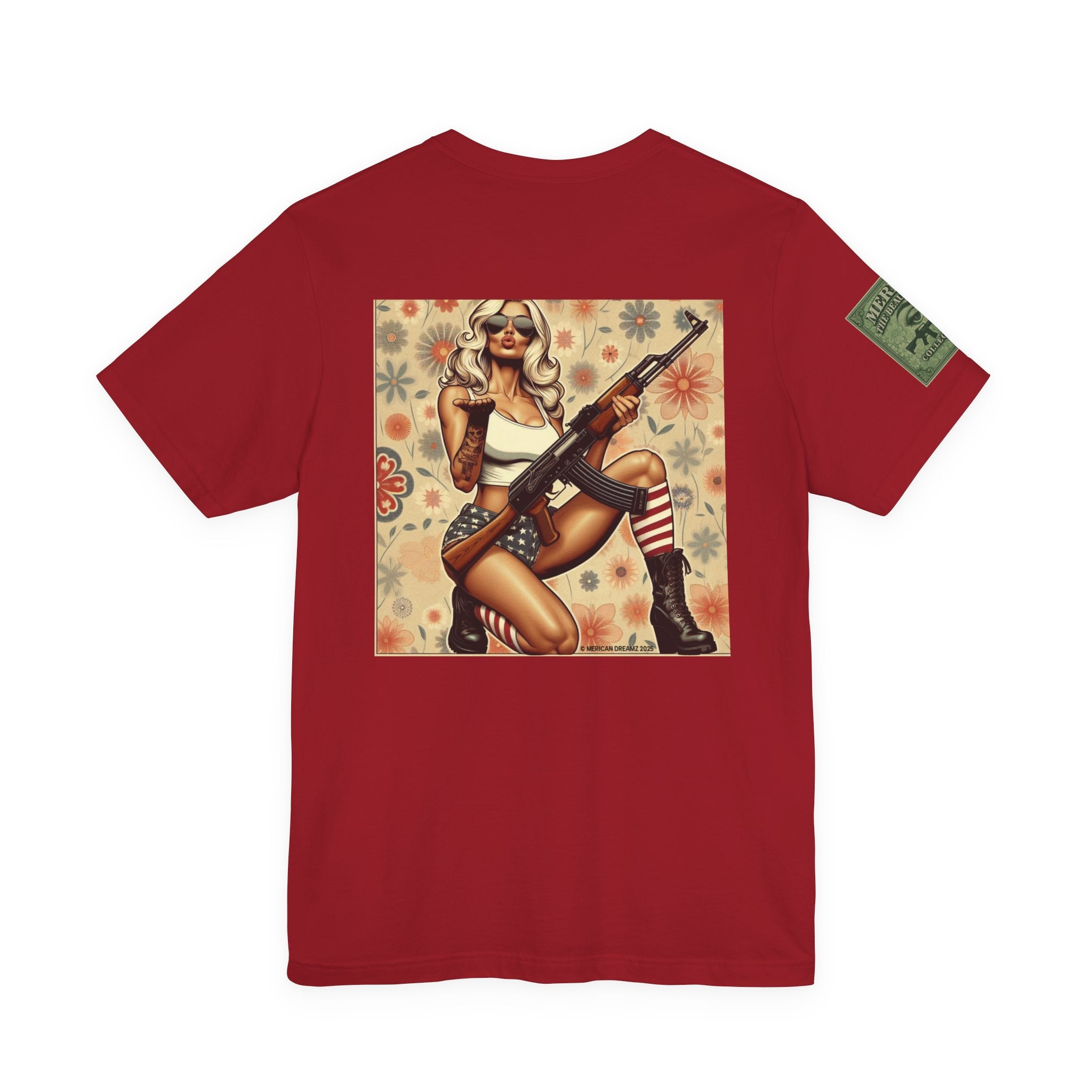 Graphic Short Sleeve Tee front and back — Retro Americana Pin-Up Girls with AK-47 Rifles