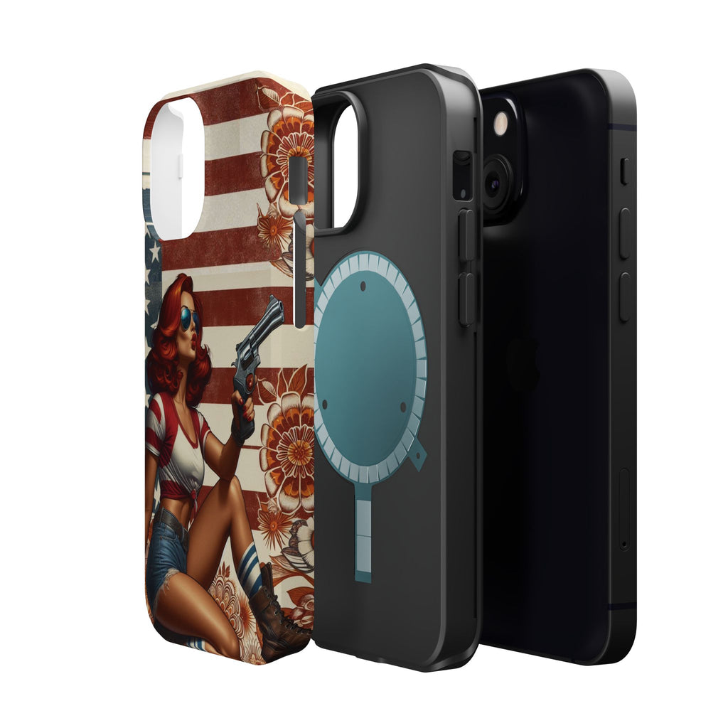 Americana .44 Magnum Pinup Girl - Magnetic Impact‑Resistant Phone Case  iPhone 13-17 / Samsung S26  MagSafe Compatible