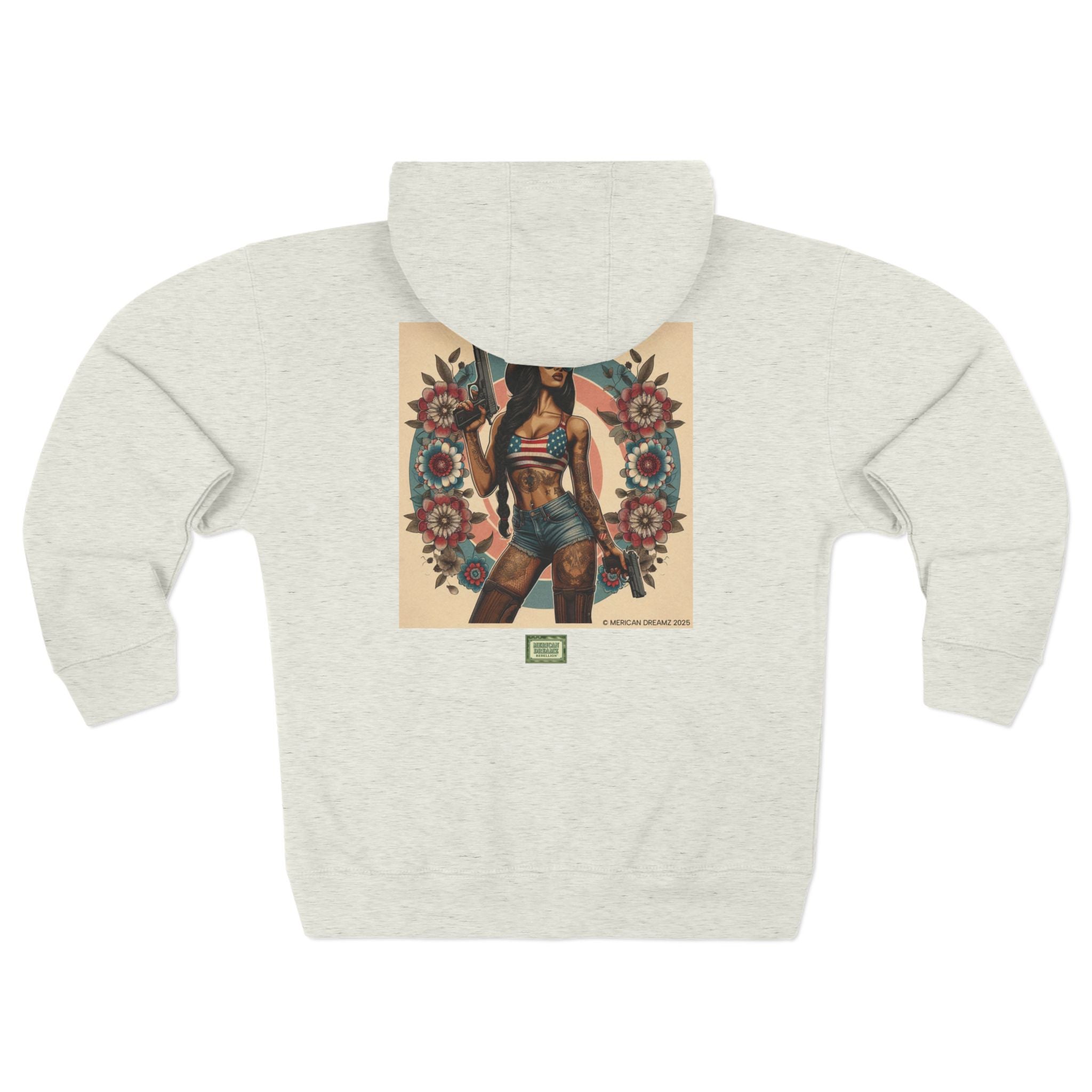 Americana Pinup Cowgirl with 9mm Zip Hoodie — Retro Vintage Patriotic Graphic