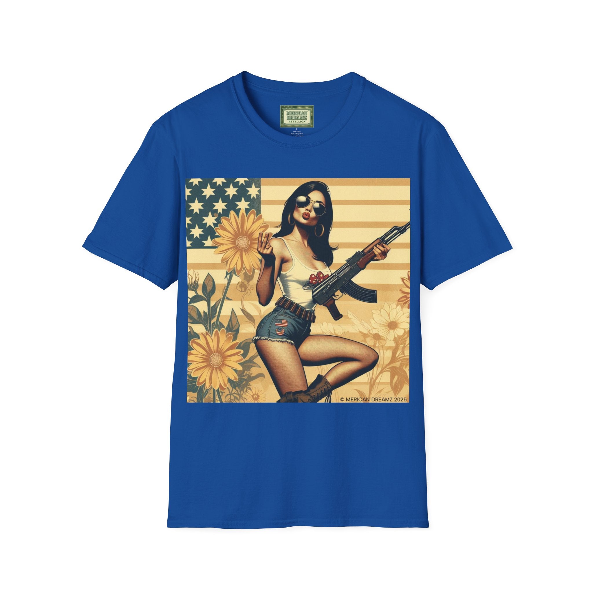 Graphic T-Shirt — Patriotic Pinup Girl with Rifle Vintage Flag Design (US Only)