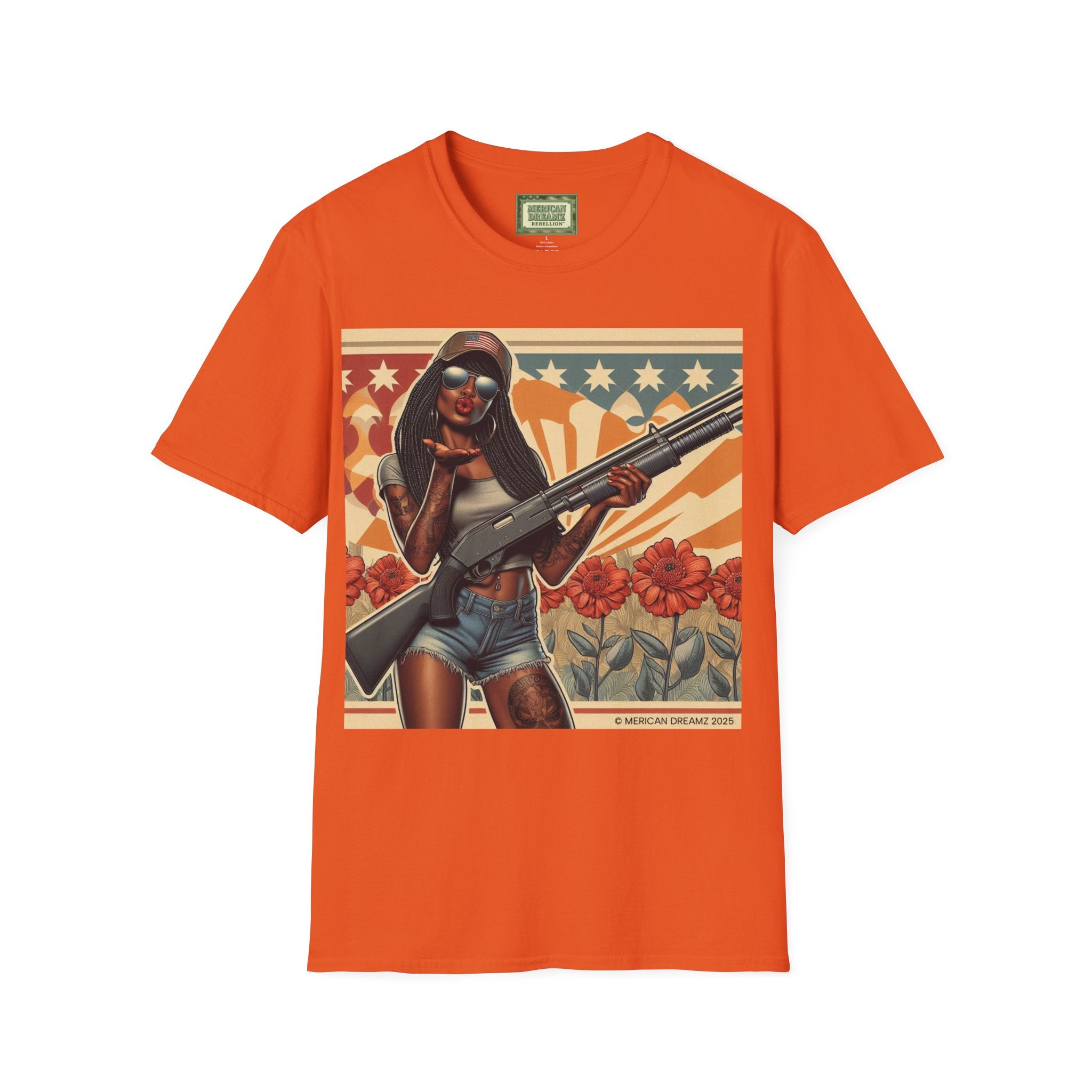 Graphic T-Shirt — Patriotic Pinup Girl with Shotgun Vintage Flag Design (US Only)