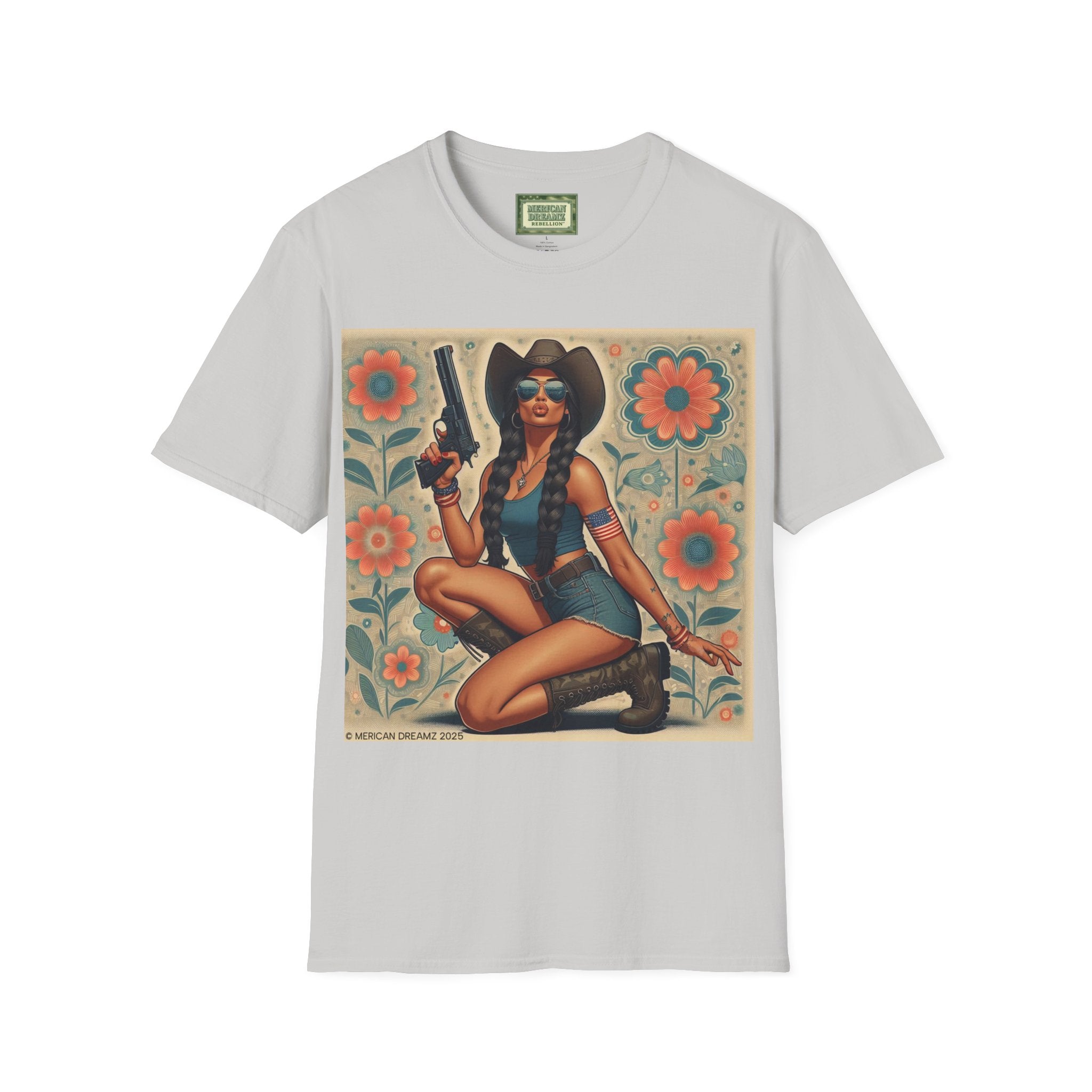Pin-Up Americana T-Shirt — Retro Floral Gun Cowgirl Vintage Style (US Only)