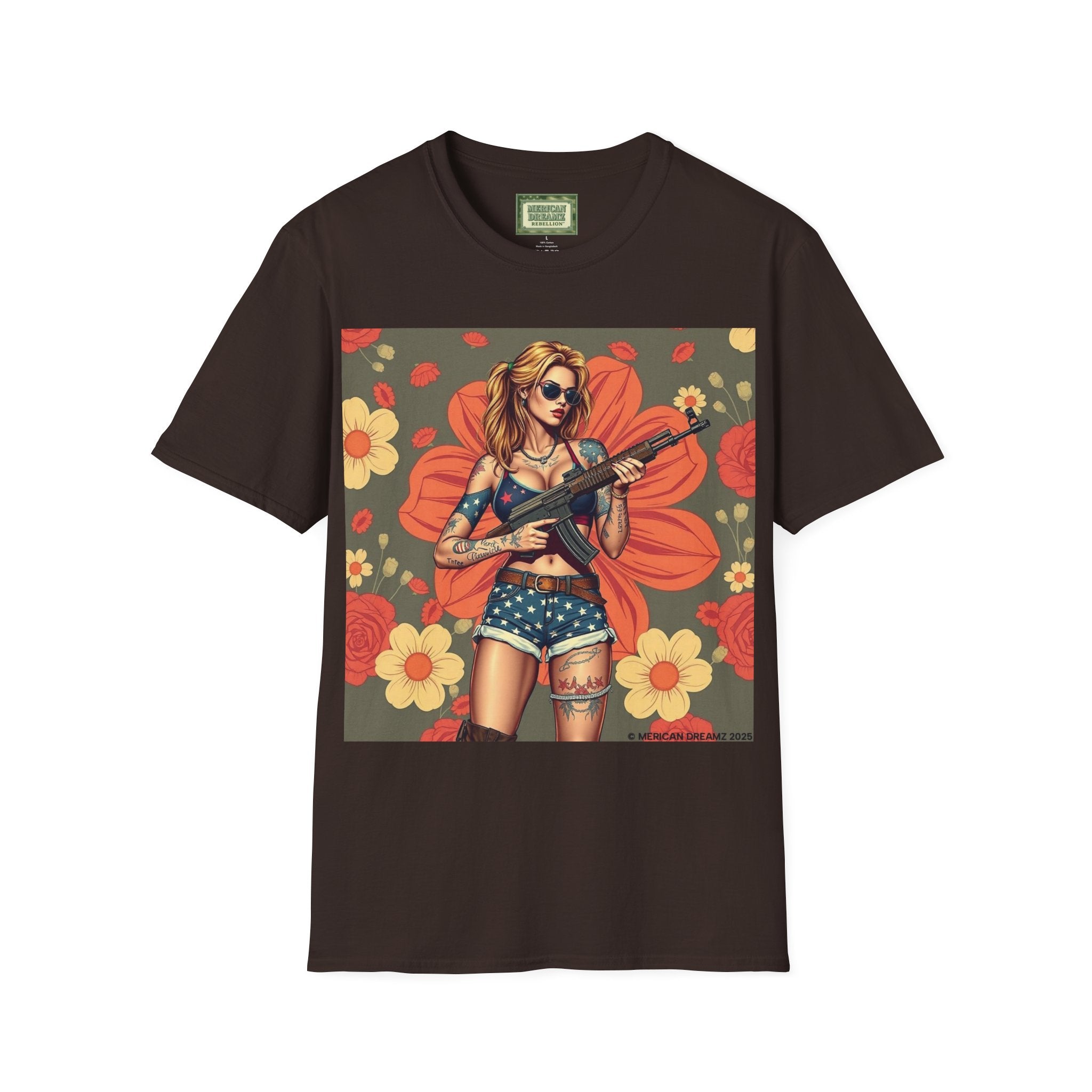 Graphic T-Shirt — Patriotic Pinup Girl with Rifle Vintage Flag Design (US Only)