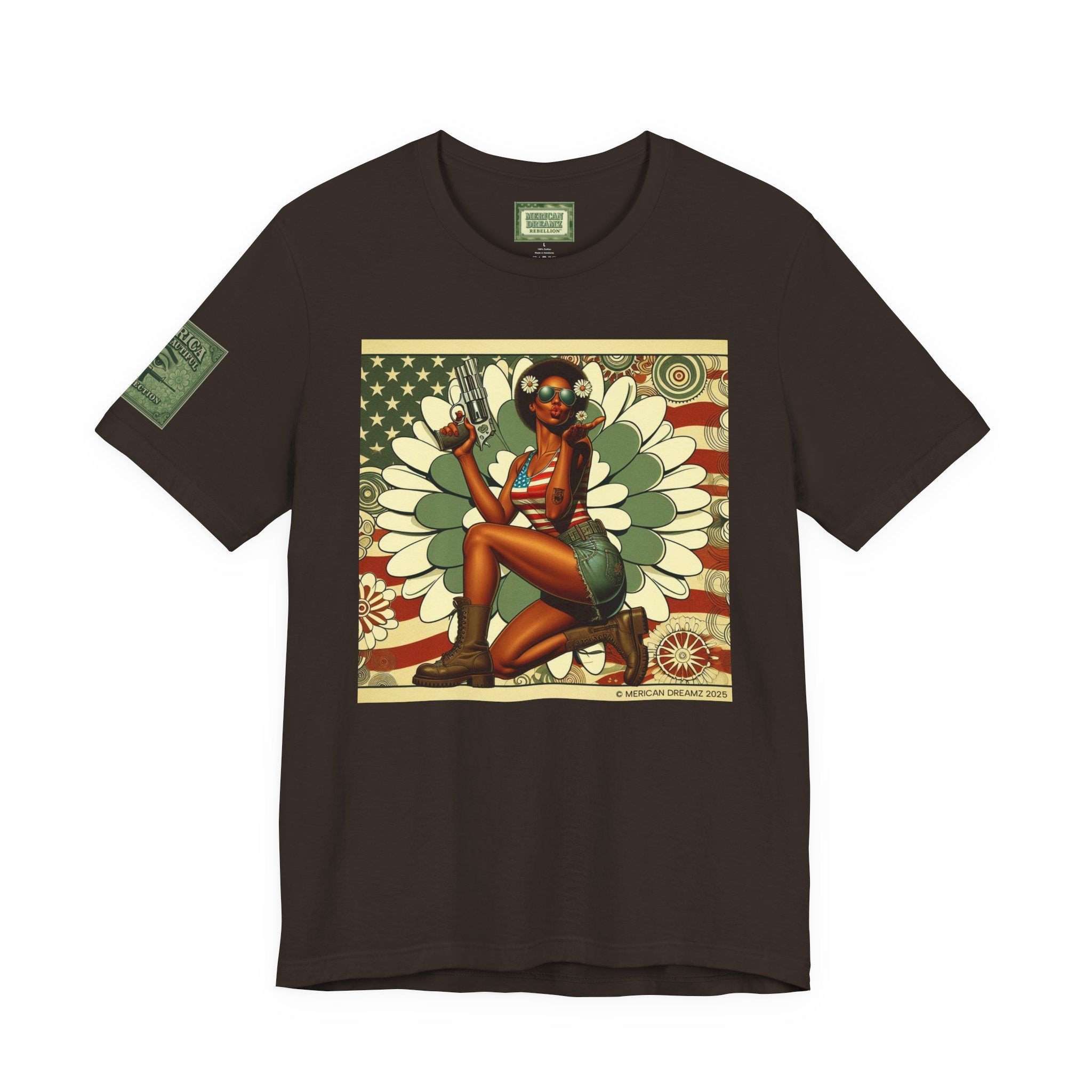 Graphic Short Sleeve Tee front and back — Retro Americana Pin-Up Cowgirls with .44 Magnum and AR-15