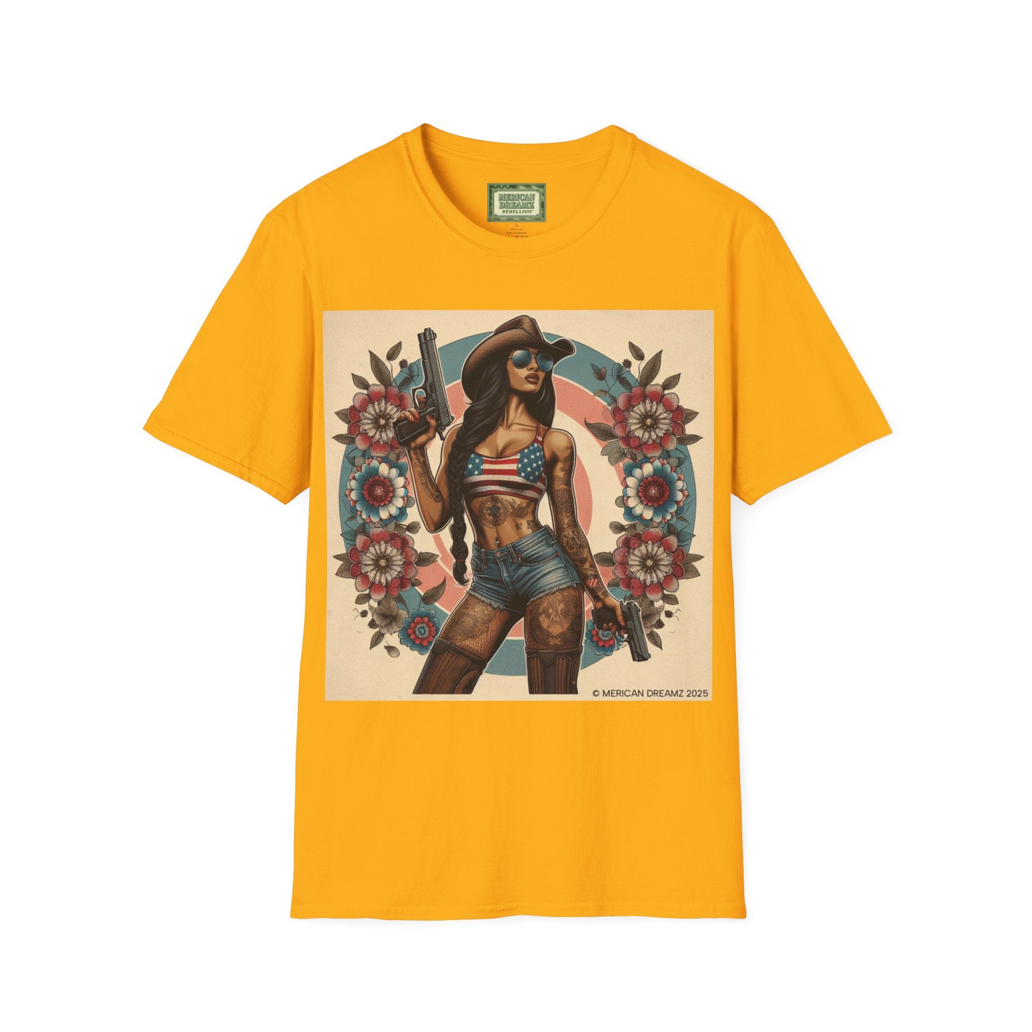 Pin-Up Americana T-Shirt — Retro Floral Gun Cowgirl Vintage Style (US Only)