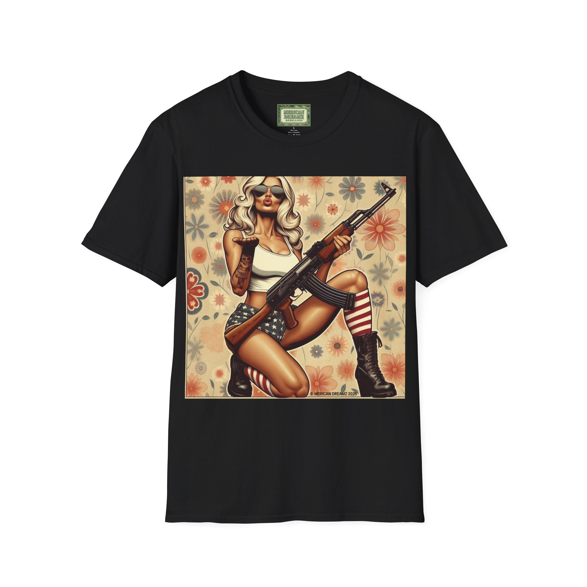 Graphic T-Shirt — Patriotic Pinup Girl with Rifle Vintage Flag Design (US Only)