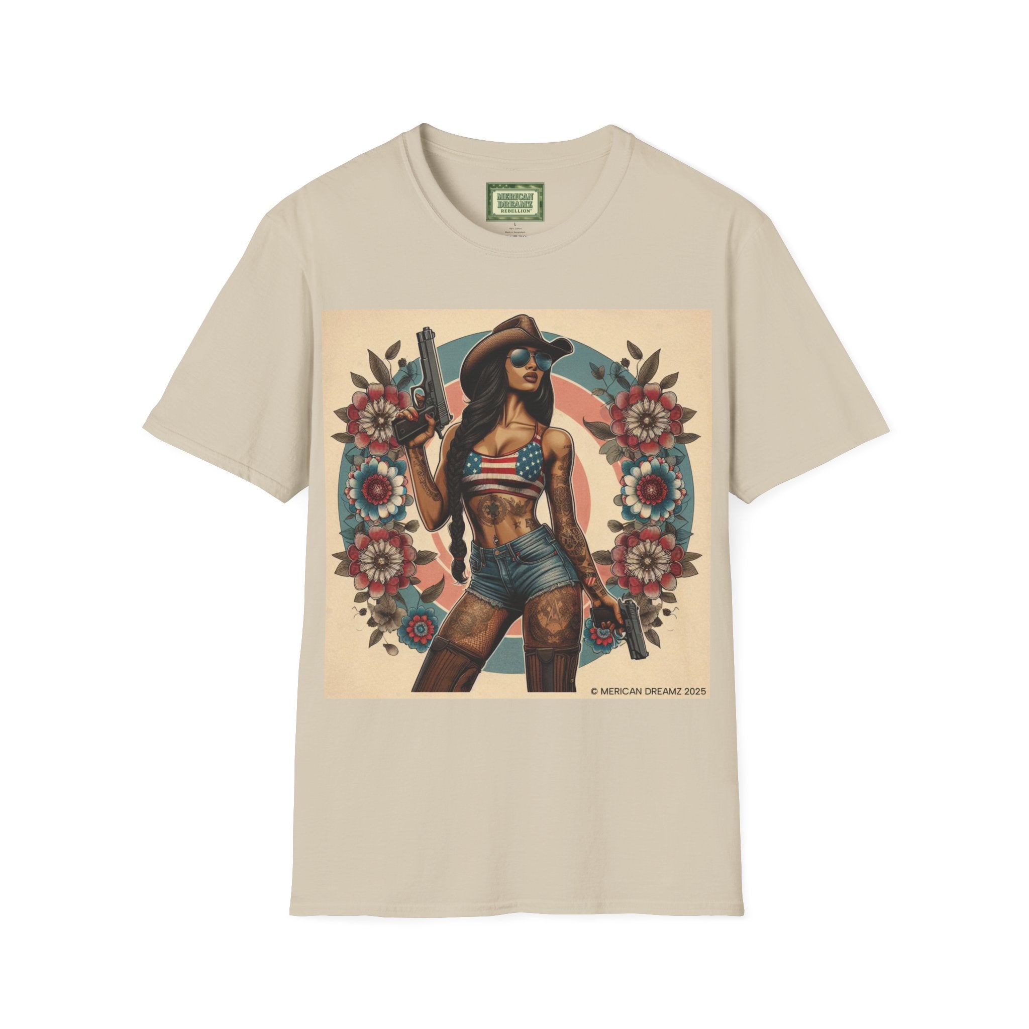 Pin-Up Americana T-Shirt — Retro Floral Gun Cowgirl Vintage Style (US Only)