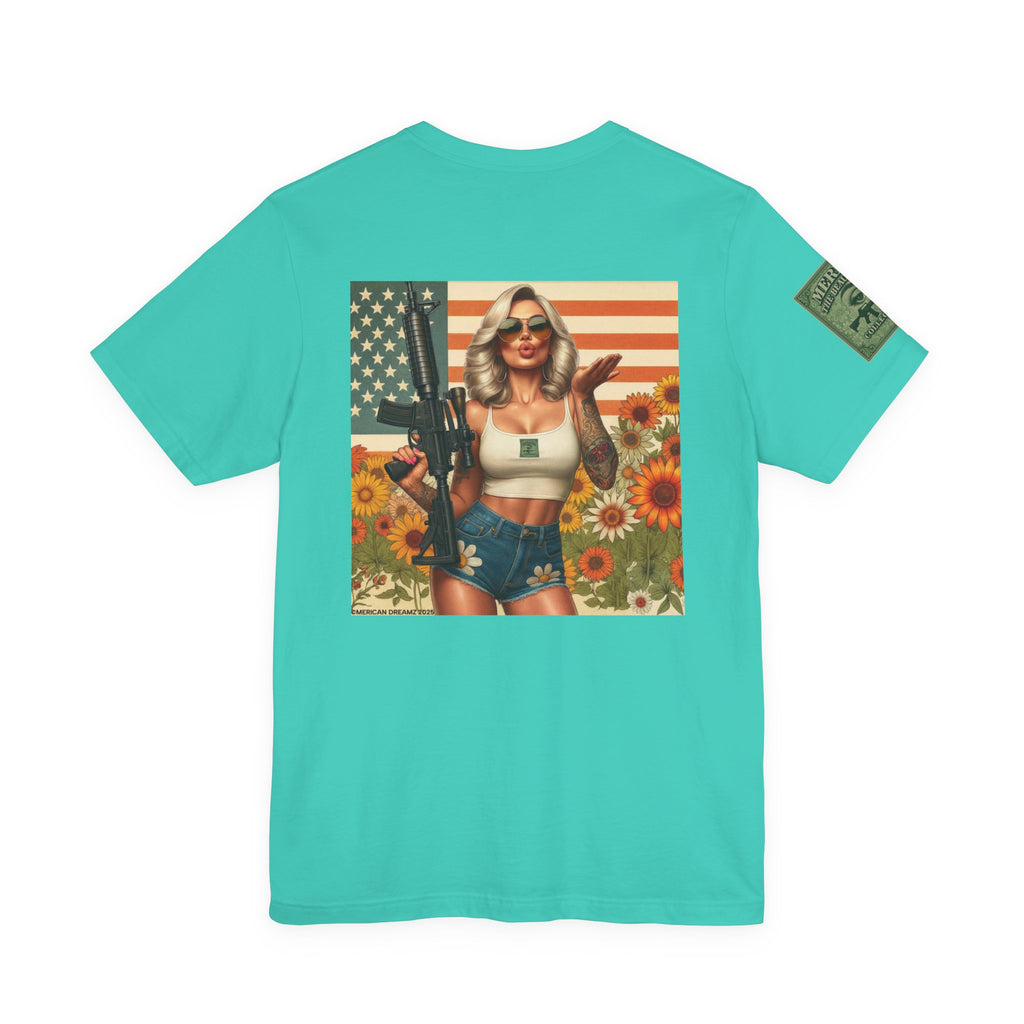 Graphic Short Sleeve Tee front and back — Retro Americana Pin-Up Girls with AR-15 Rifles