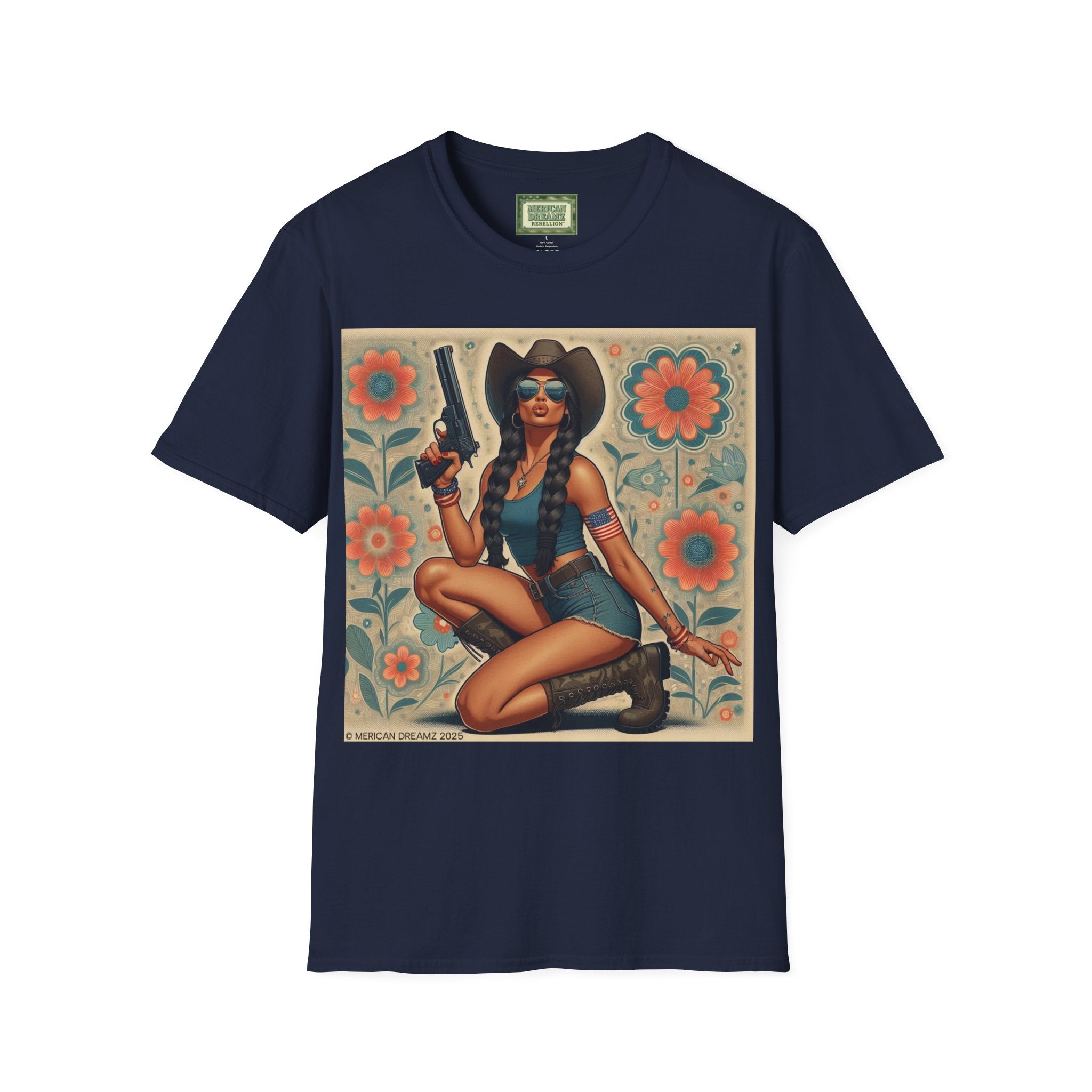 Pin-Up Americana T-Shirt — Retro Floral Gun Cowgirl Vintage Style (US Only)