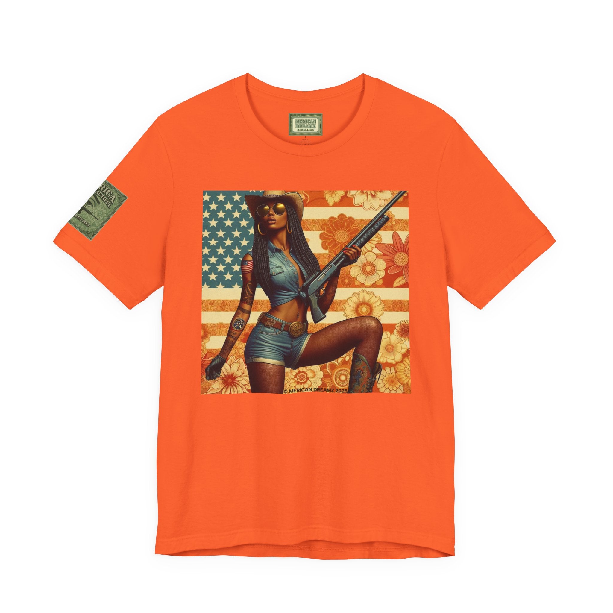 Graphic Short Sleeve Tee front and back — Retro Americana Pin-Up Cowgirls with 12 Gauge Shotguns