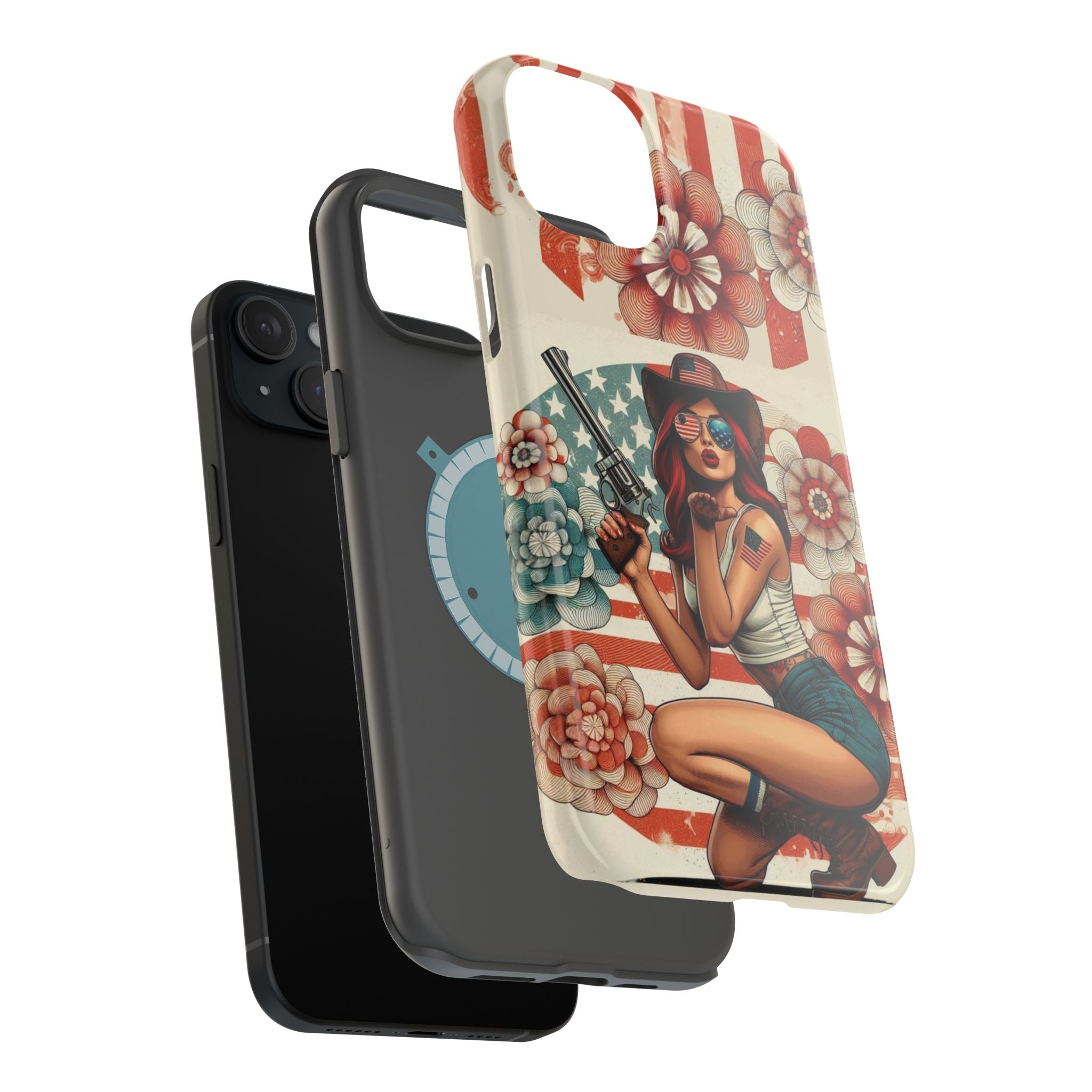 Americana .44 Magnum Pinup Girl - Magnetic Impact‑Resistant Phone Case  iPhone 13-17 / Samsung S26  MagSafe Compatible
