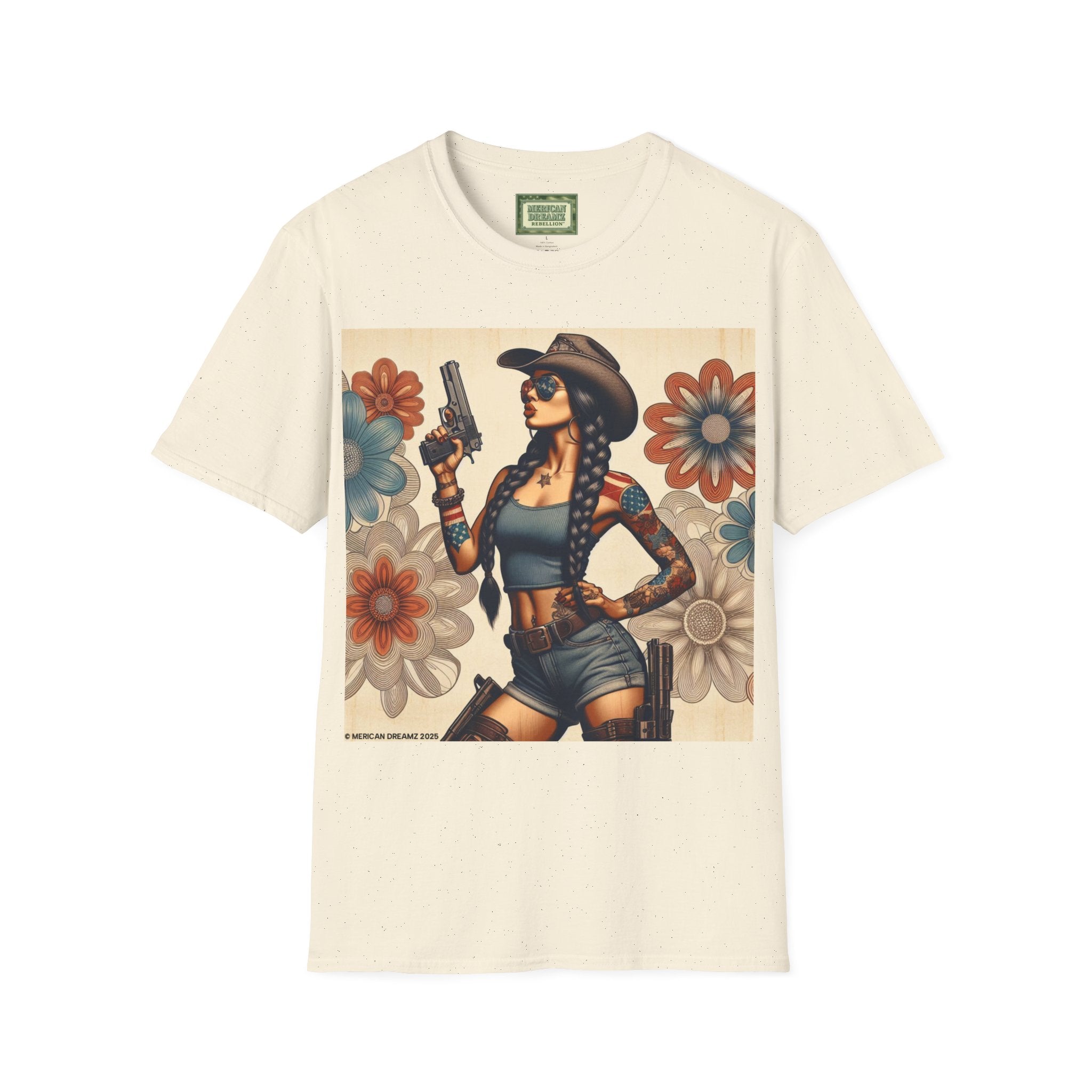 Pin-Up Americana T-Shirt — Retro Floral Gun Cowgirl Vintage Style (US Only)
