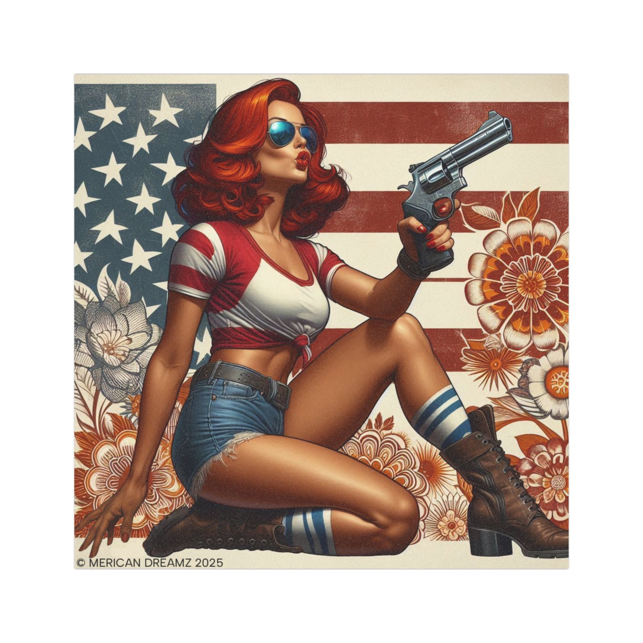 Car Magnet Patriotic Americana Cowgirl with Pistol | Square American Flag Vintage Floral